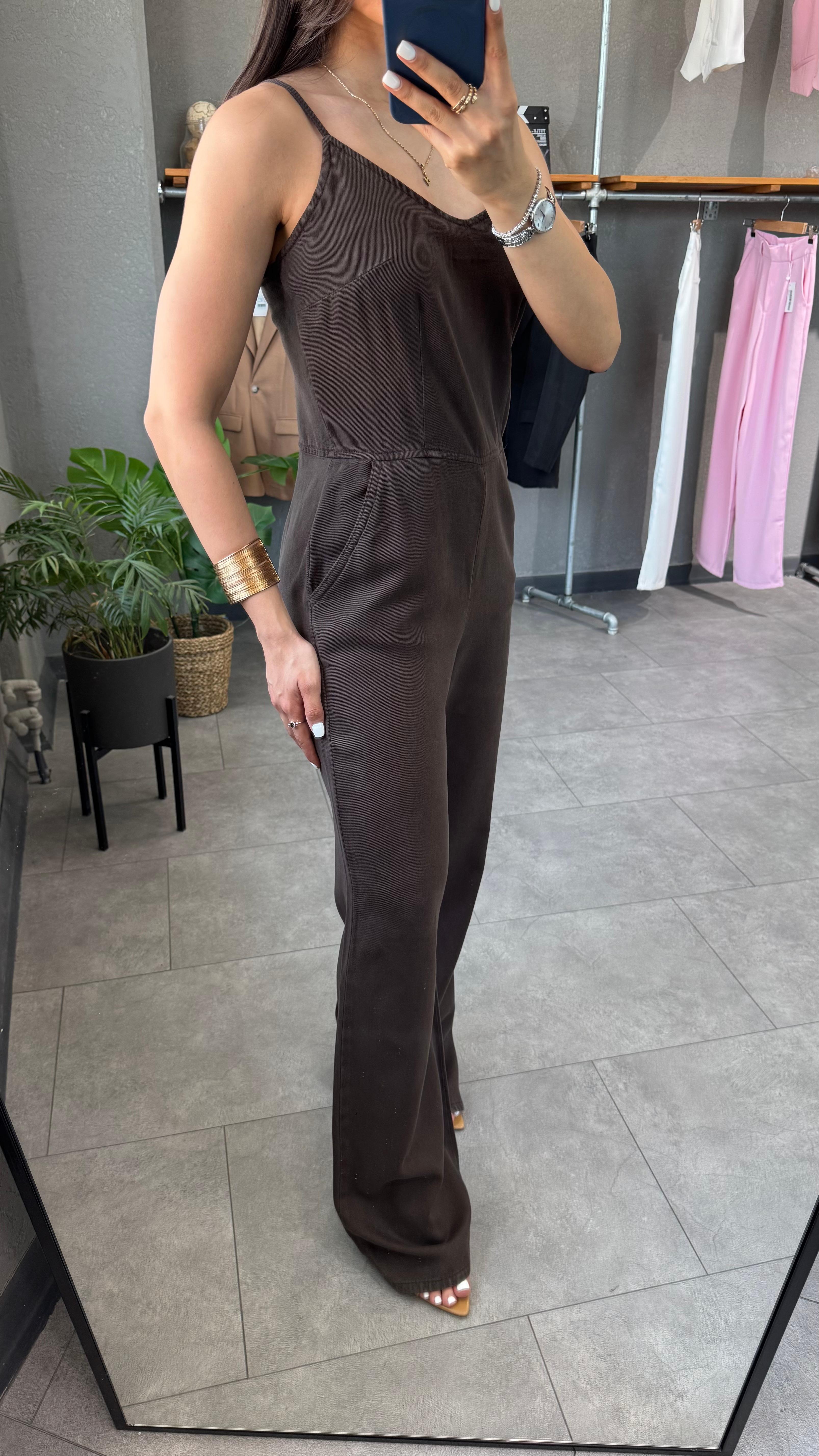 İnce Askılı Tensel Denim Tulum