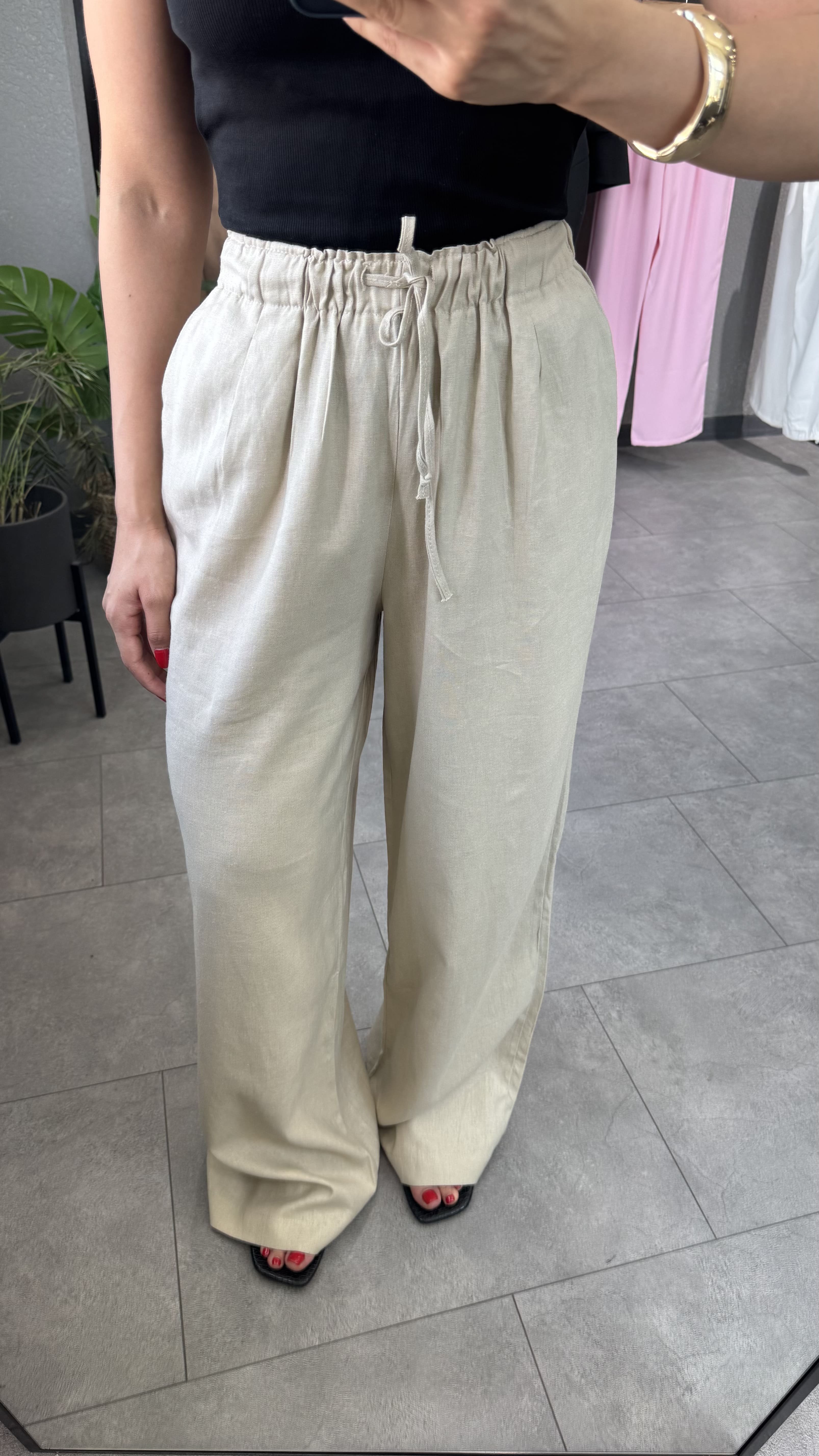 Beli Lastikli Düz Kesim Keten Taş Kadın Pantolon