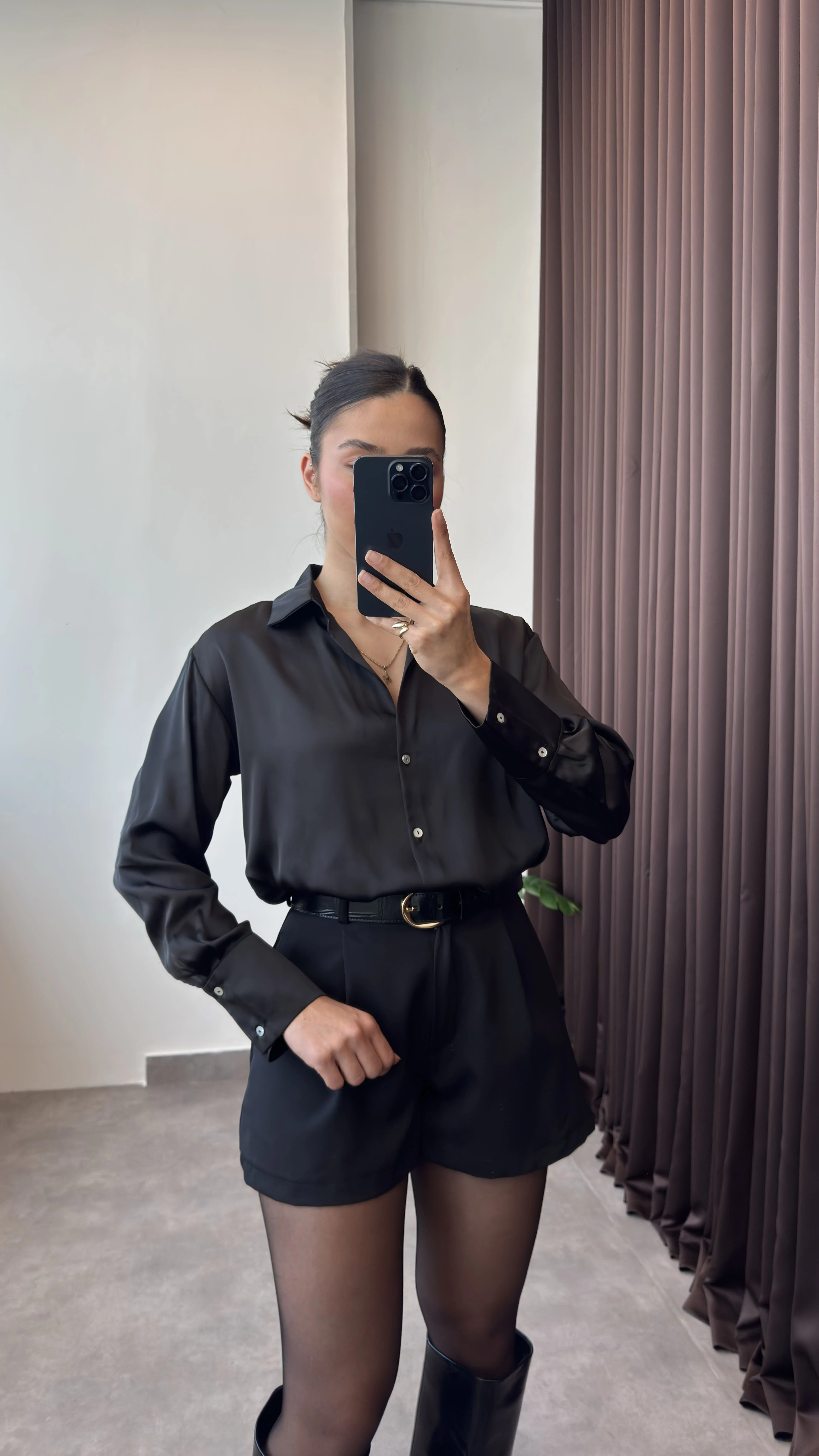 Basic Siyah Kadın Saten Gömlek