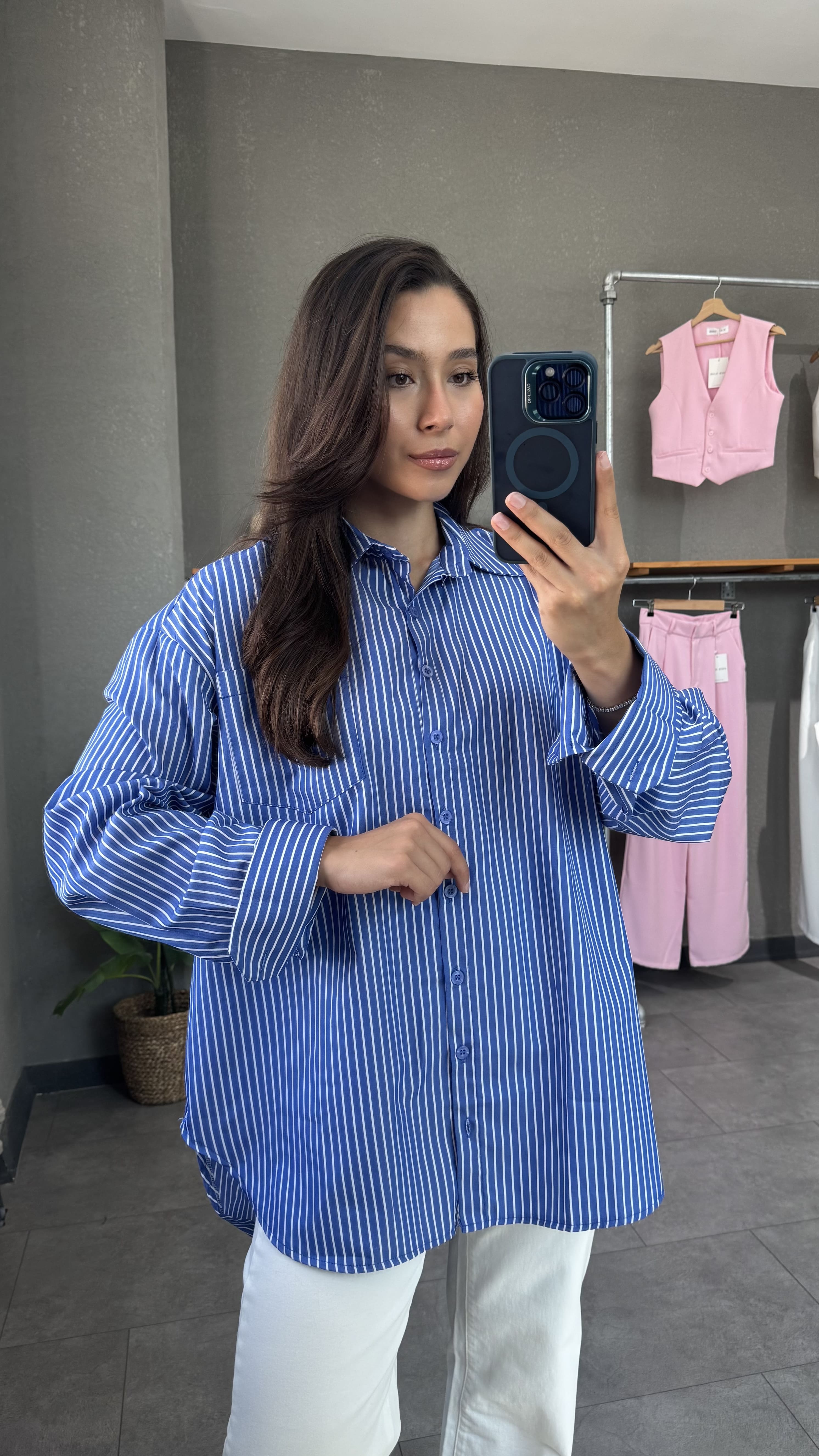 Poplin Oversize Çizgili Koyu Mavi Kadın Gömlek