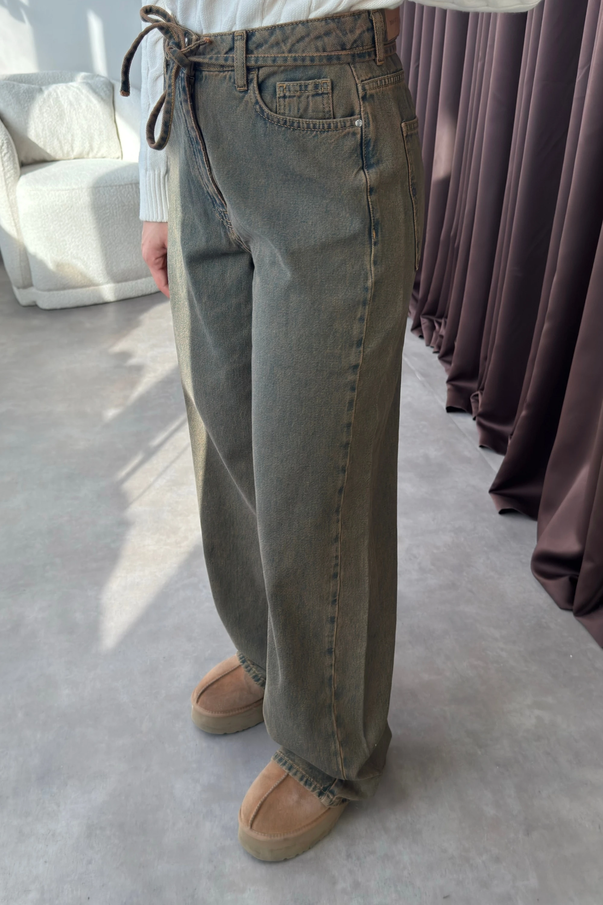 Yüksek Bel Beli Kordonlu Yeşil Wide Leg Kadın Jean