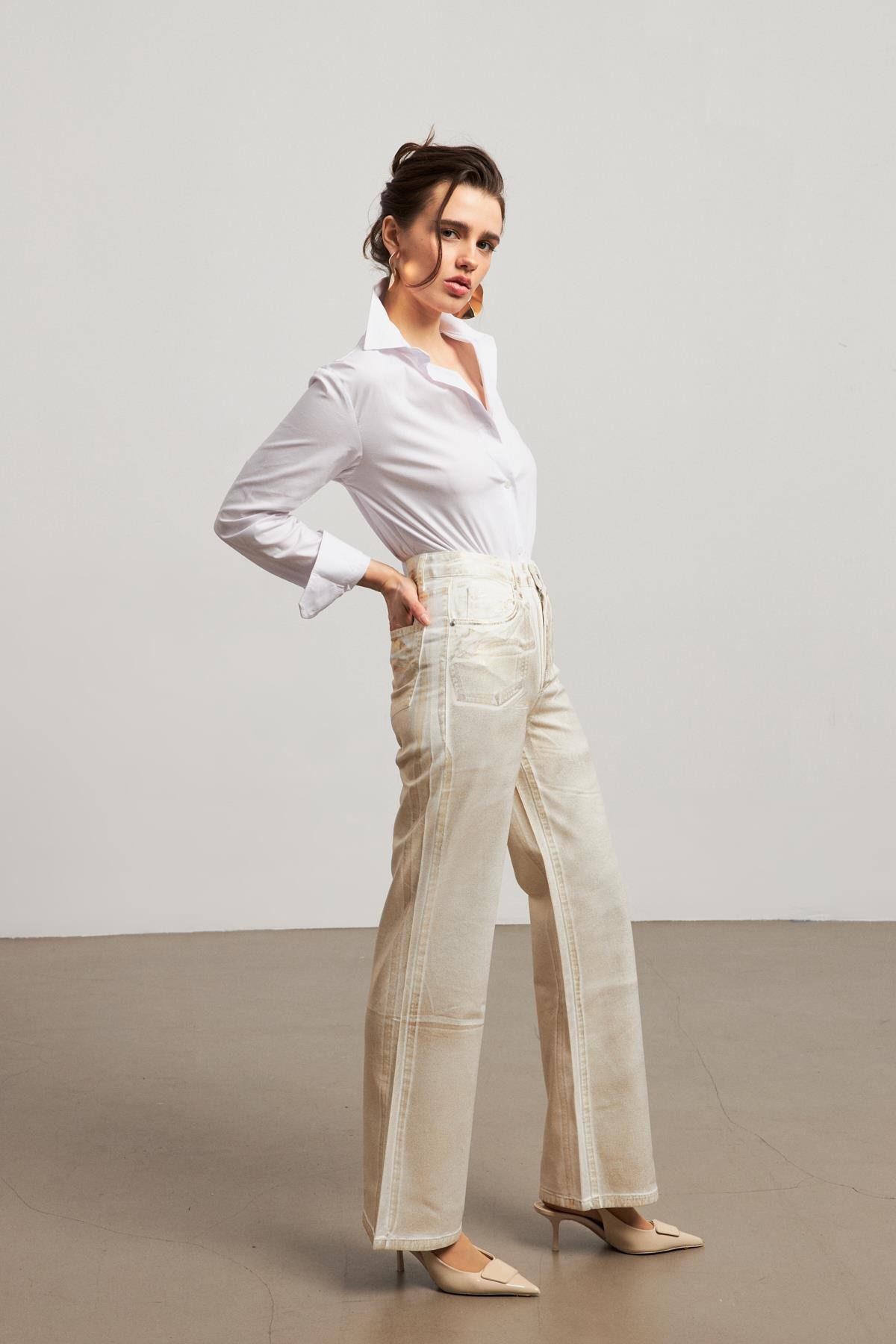 Yüksek Bel Sarı Varaklı Kadın Wide Leg Jean
