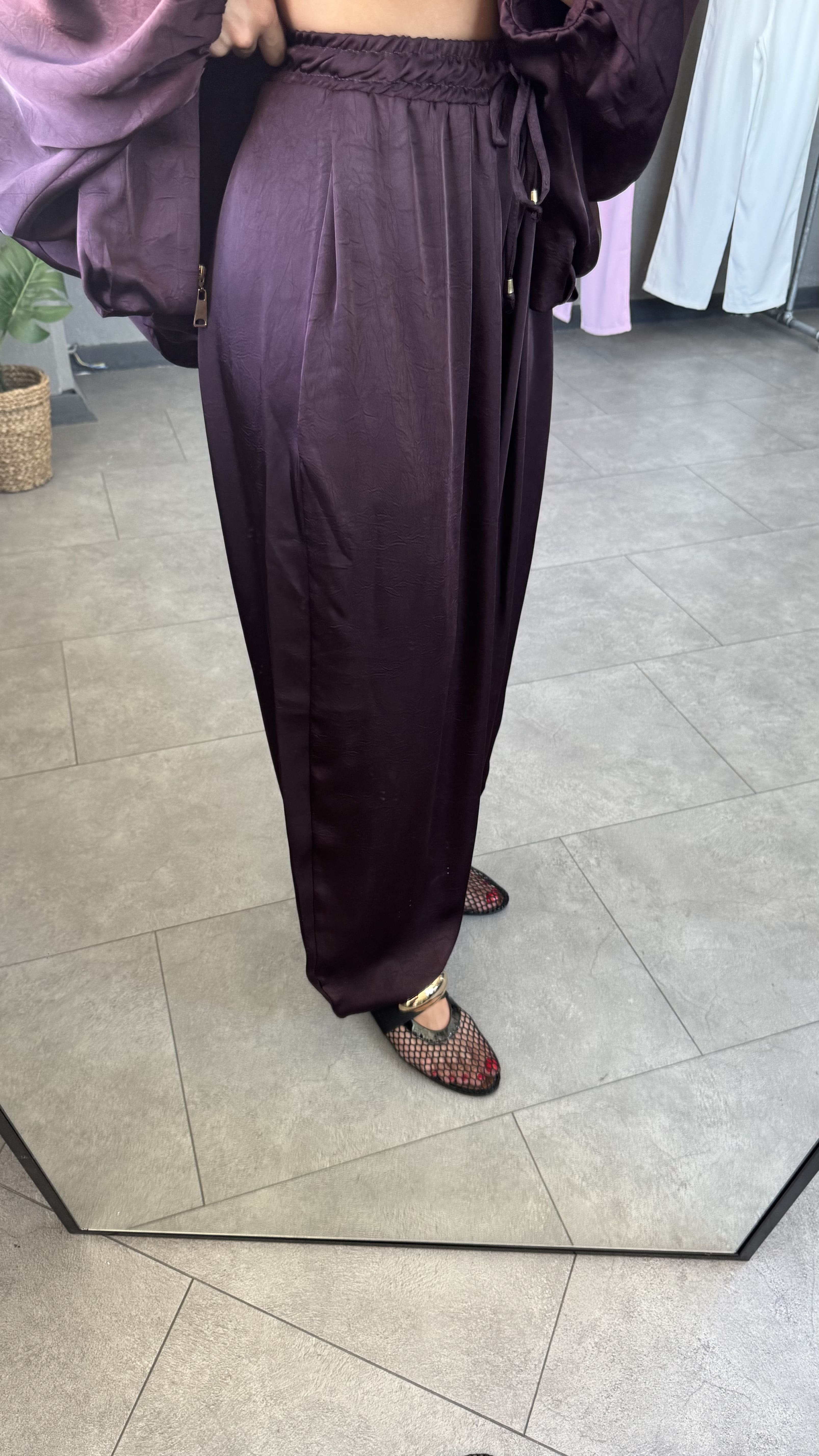 Beli Lastikli Saten Şalvar Pantolon