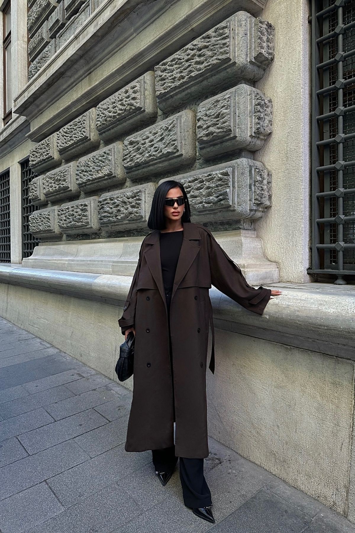 Oversize Premium Uzun Kadın Trençkot - Acı Kahve