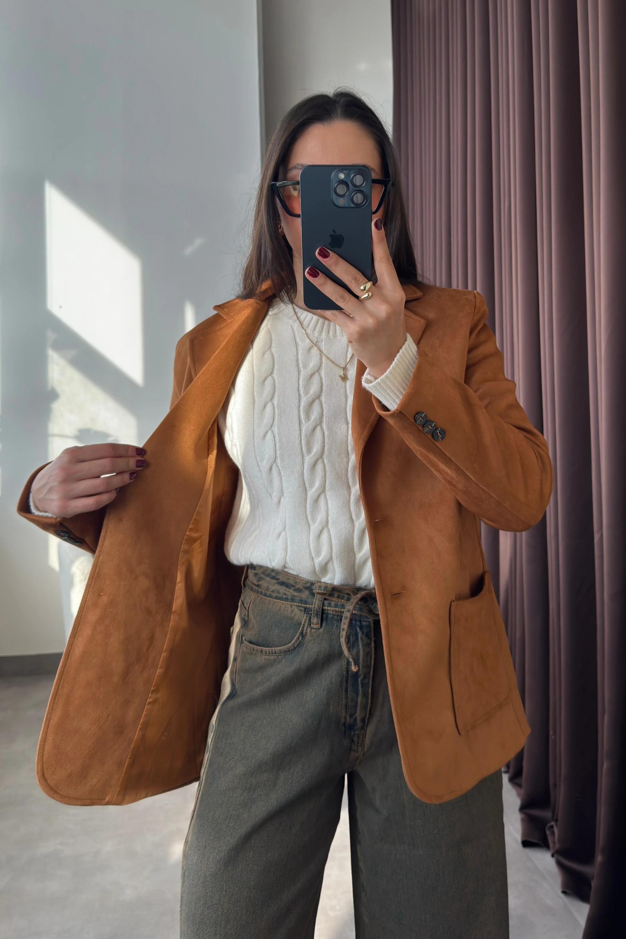 Vatkalı Cep Detaylı Taba Süet Kadın Blazer Ceket