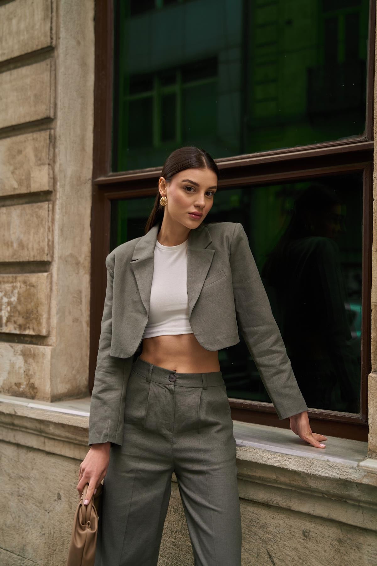 Kruvaze Yaka Keten Haki Kadın Crop Ceket