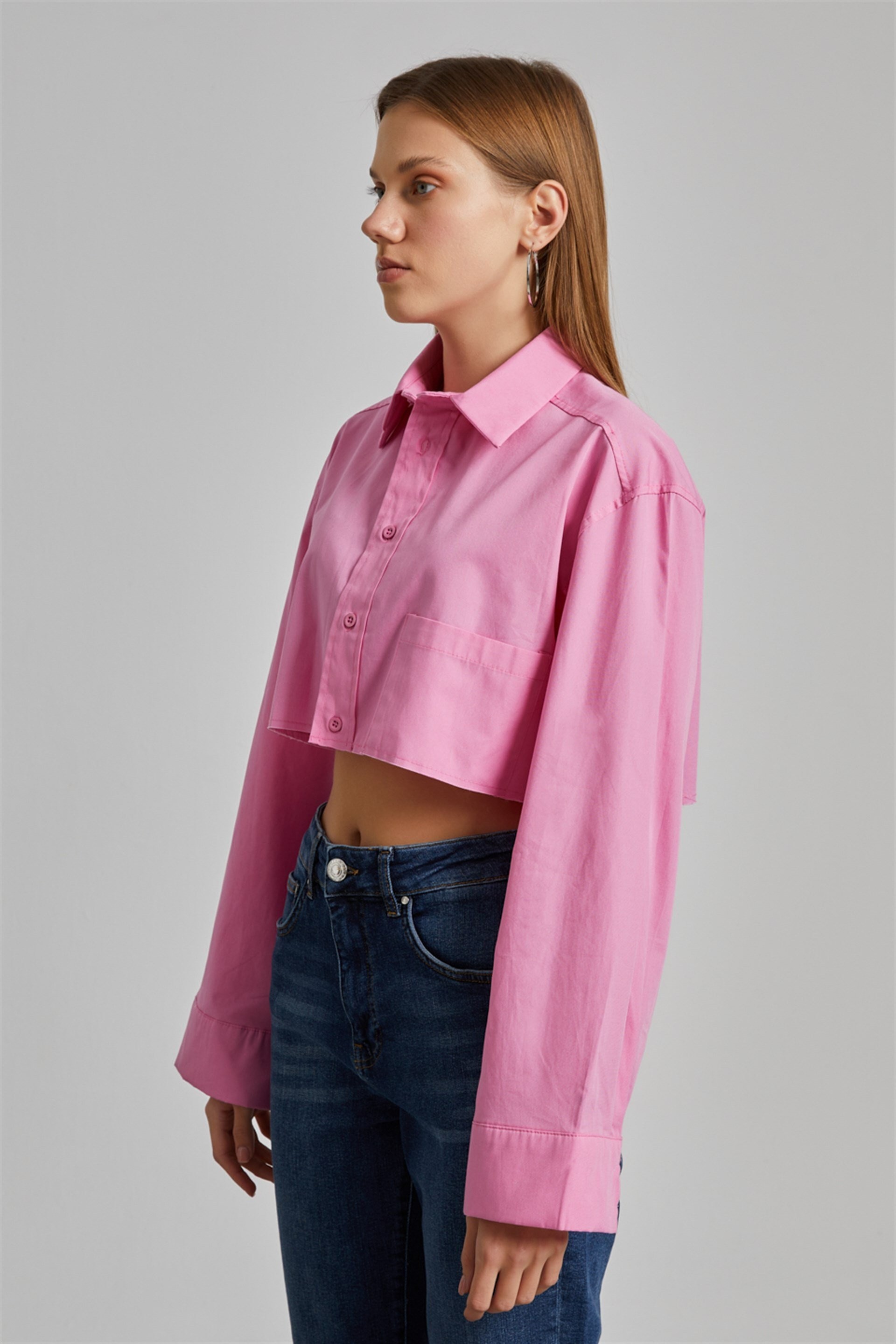 Kadın Pembe Uzun Kol Cep Detaylı Crop Gömlek