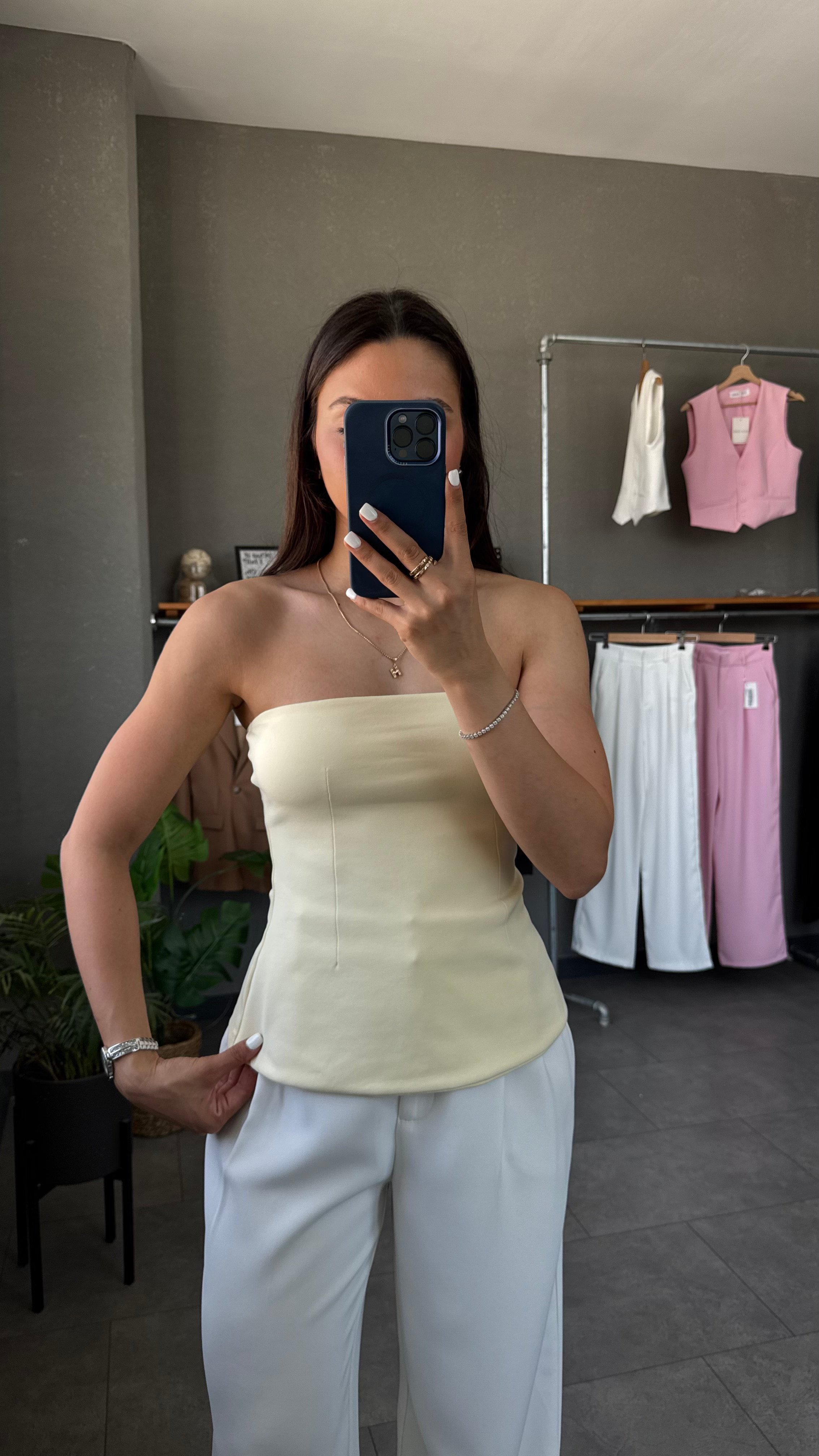 Straplez Peplum Bluz - Sarı
