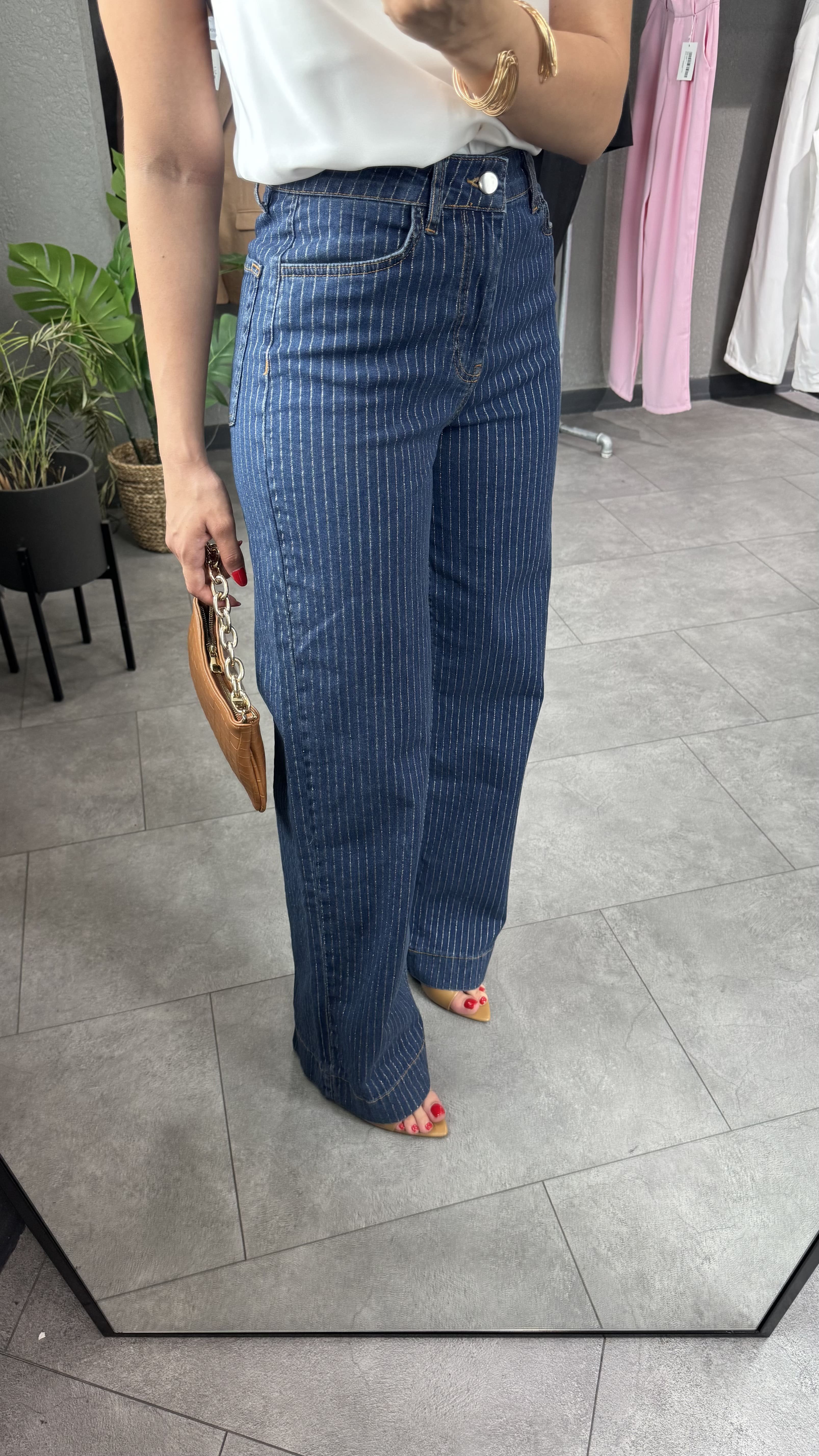 Yüksek Bel Simli Çizgi Detaylı Wide Leg Jean