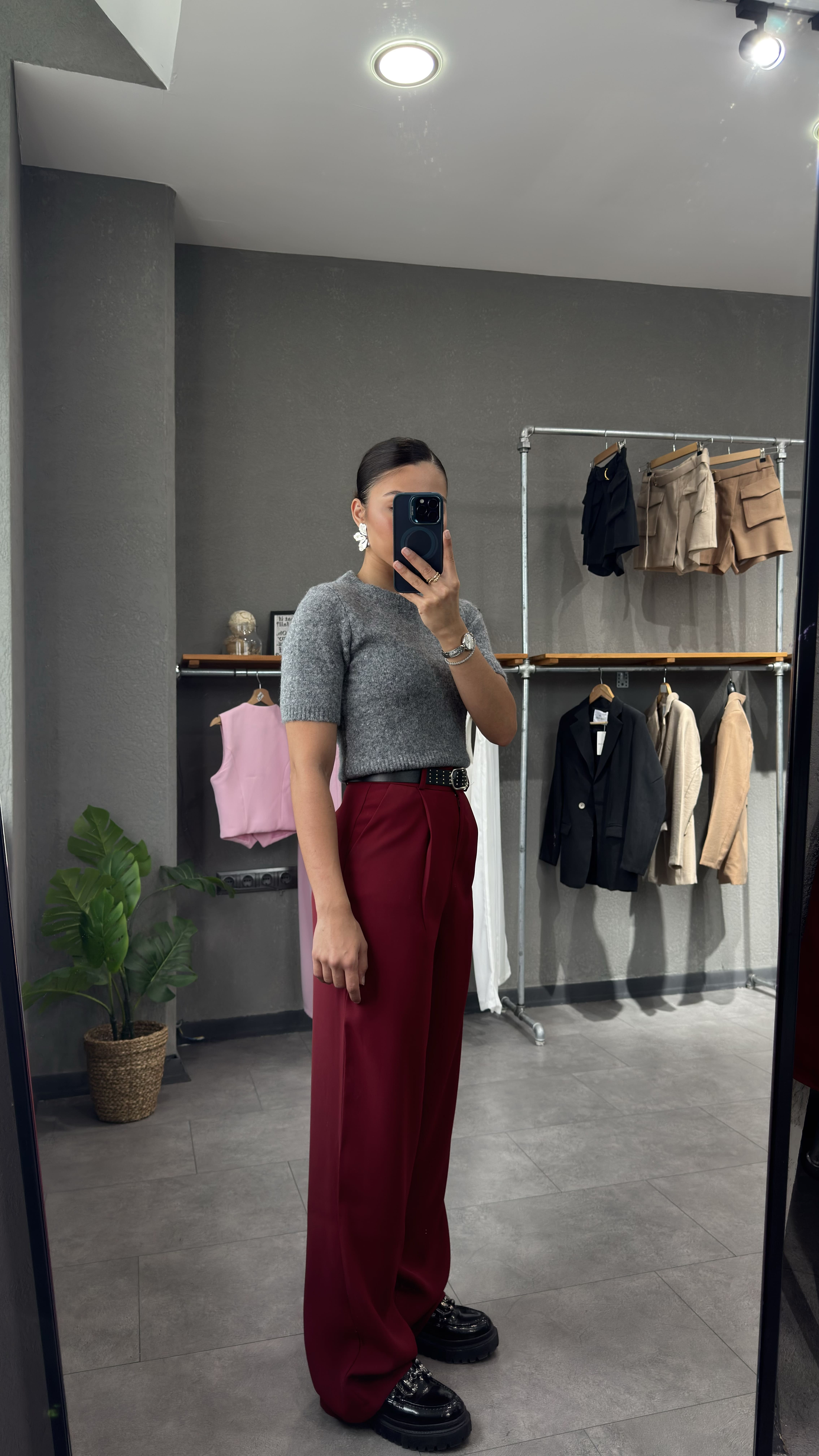 Yüksek Bel Pileli Bordo Kadın Palazzo Pantolon