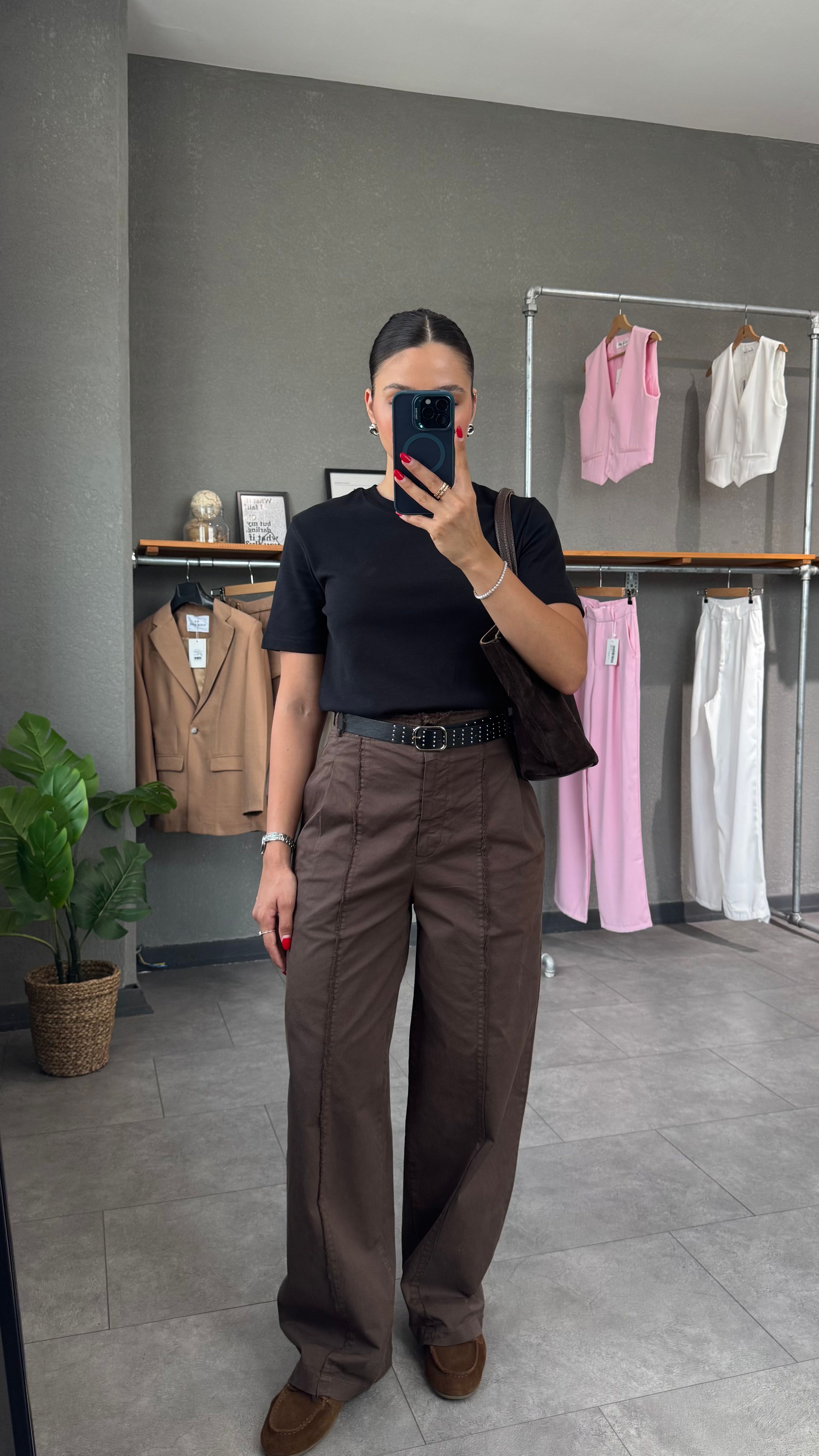 Kemerli Yüksek Bel Straight Pantolon - Kahve