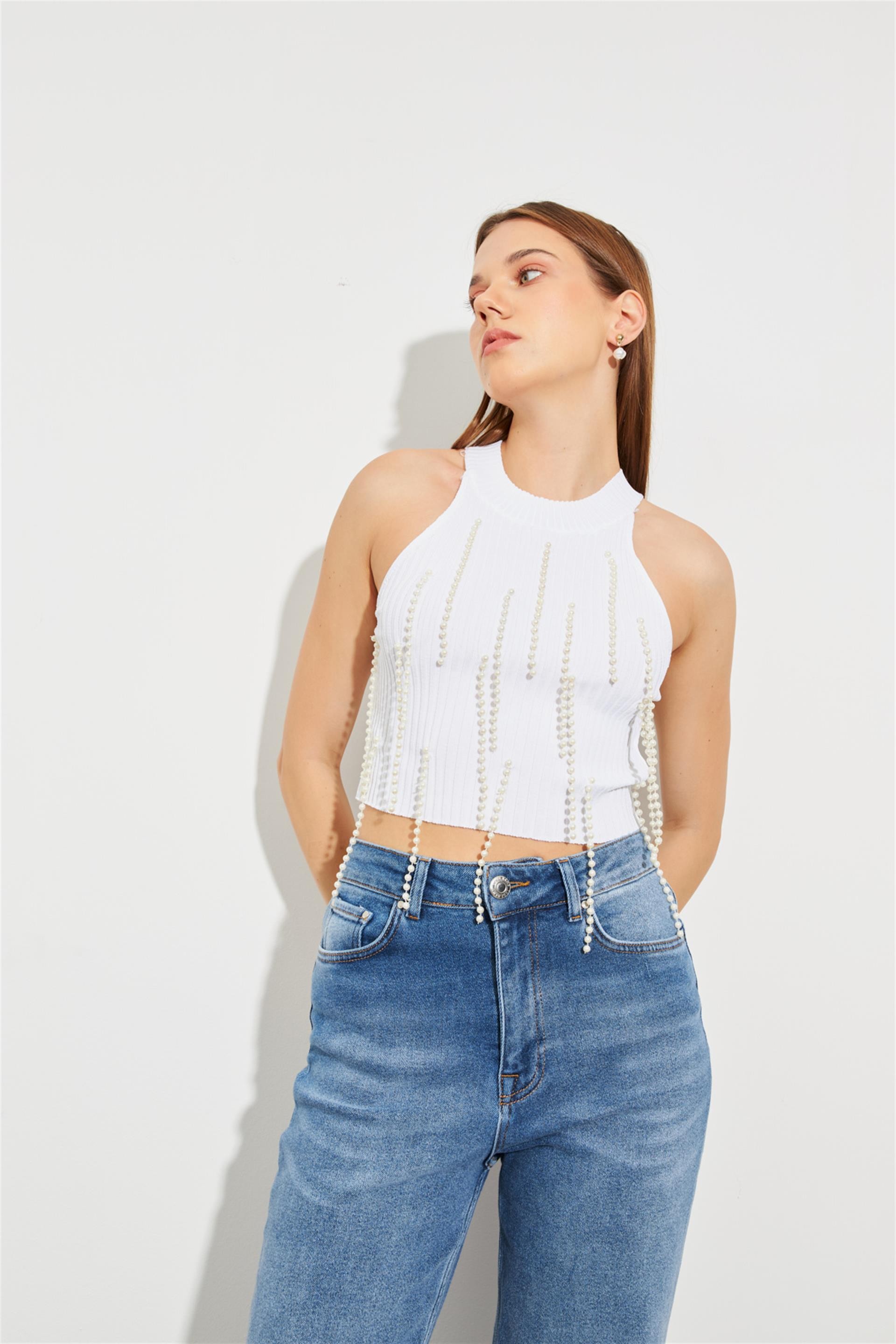 Suni İncili Triko Crop Top Beyaz