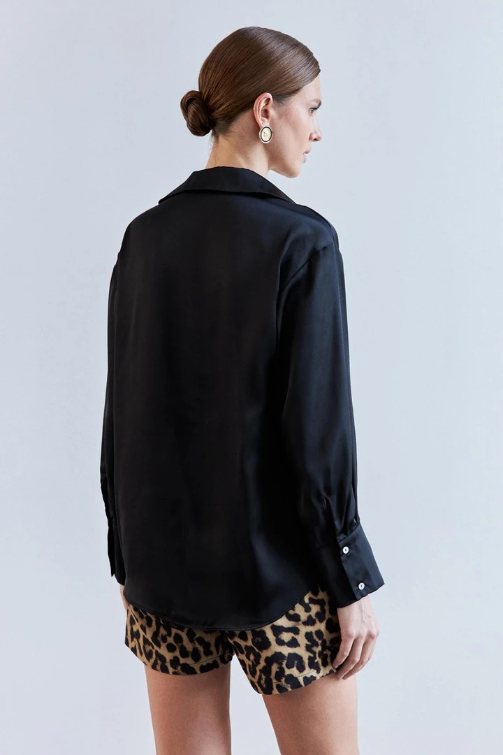 Basic Siyah Kadın Saten Gömlek