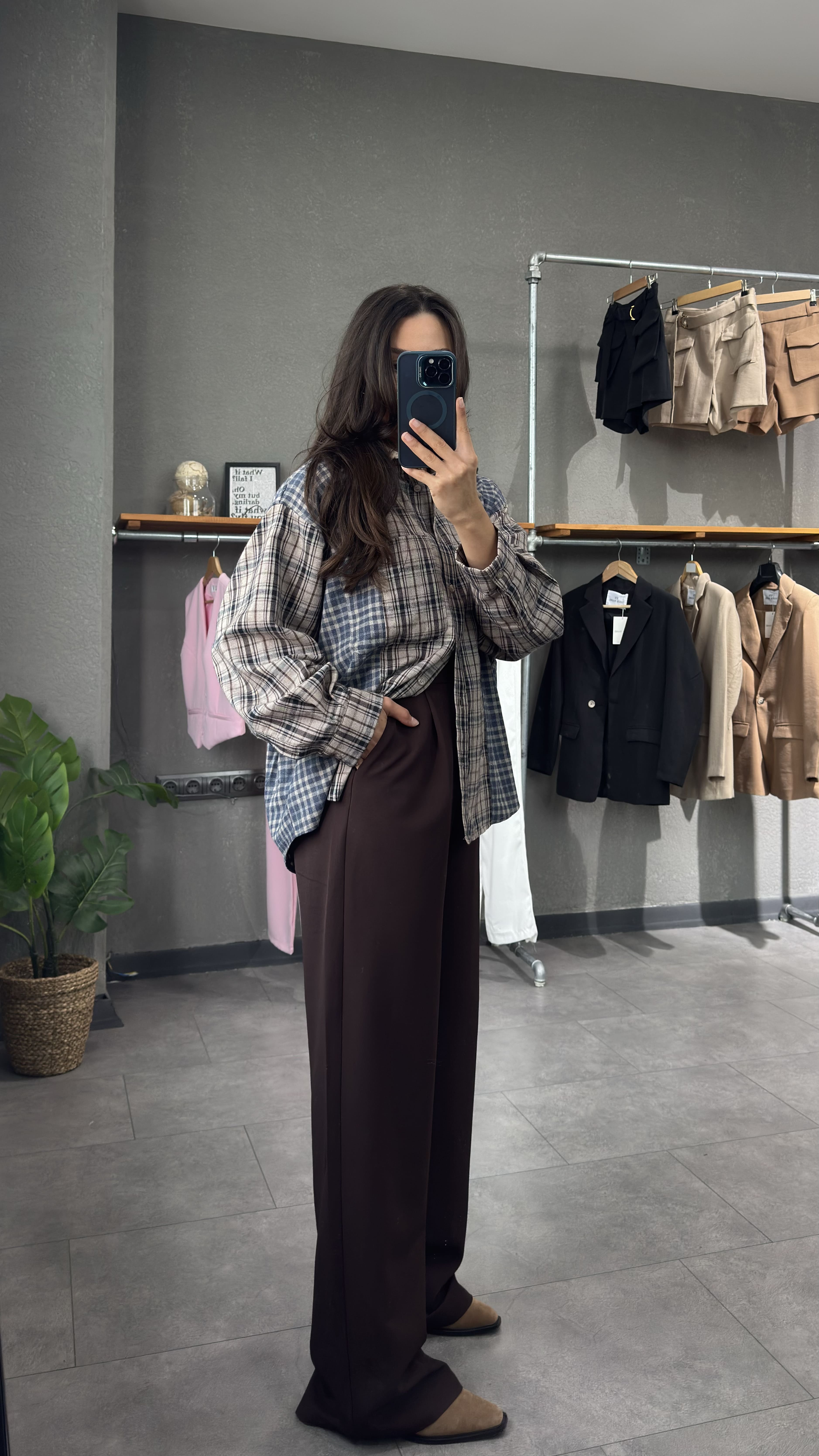 Kadife Yaka Oversize Ekose Gömlek