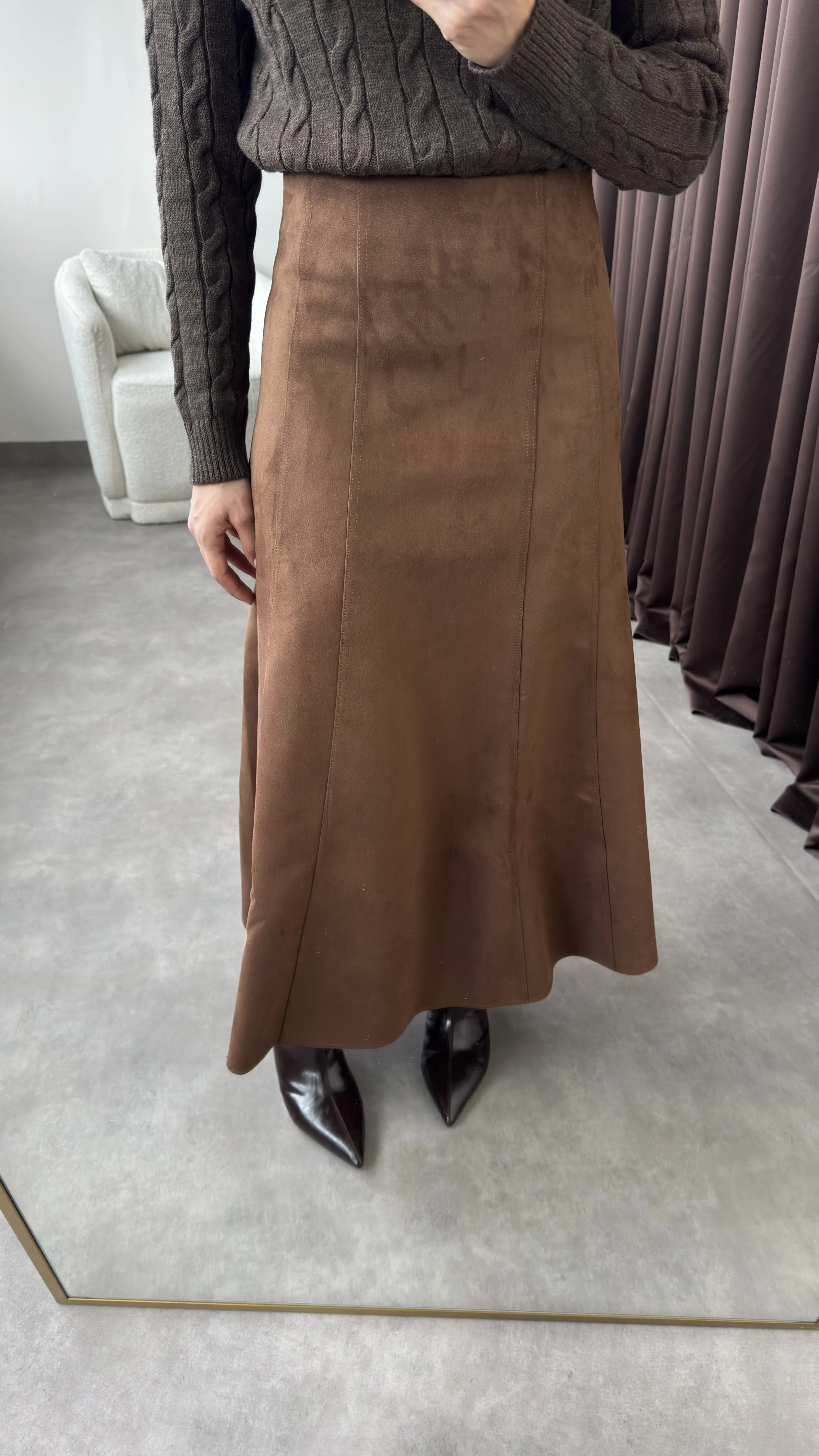 Kadın Kahve Uzun Kloş Süet Etek