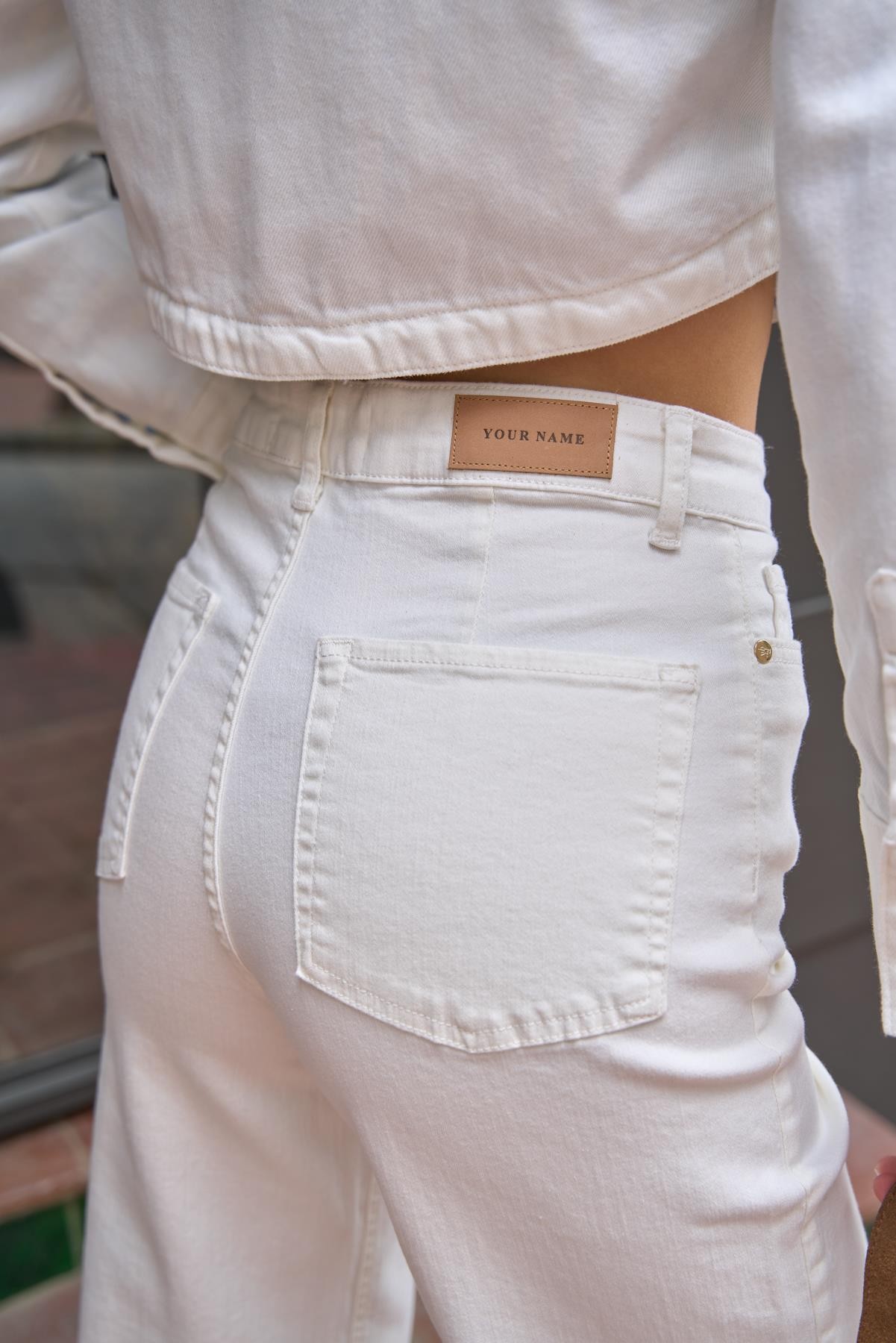 Yüksek Bel Wide Leg Kırık Beyaz Kadın Jean