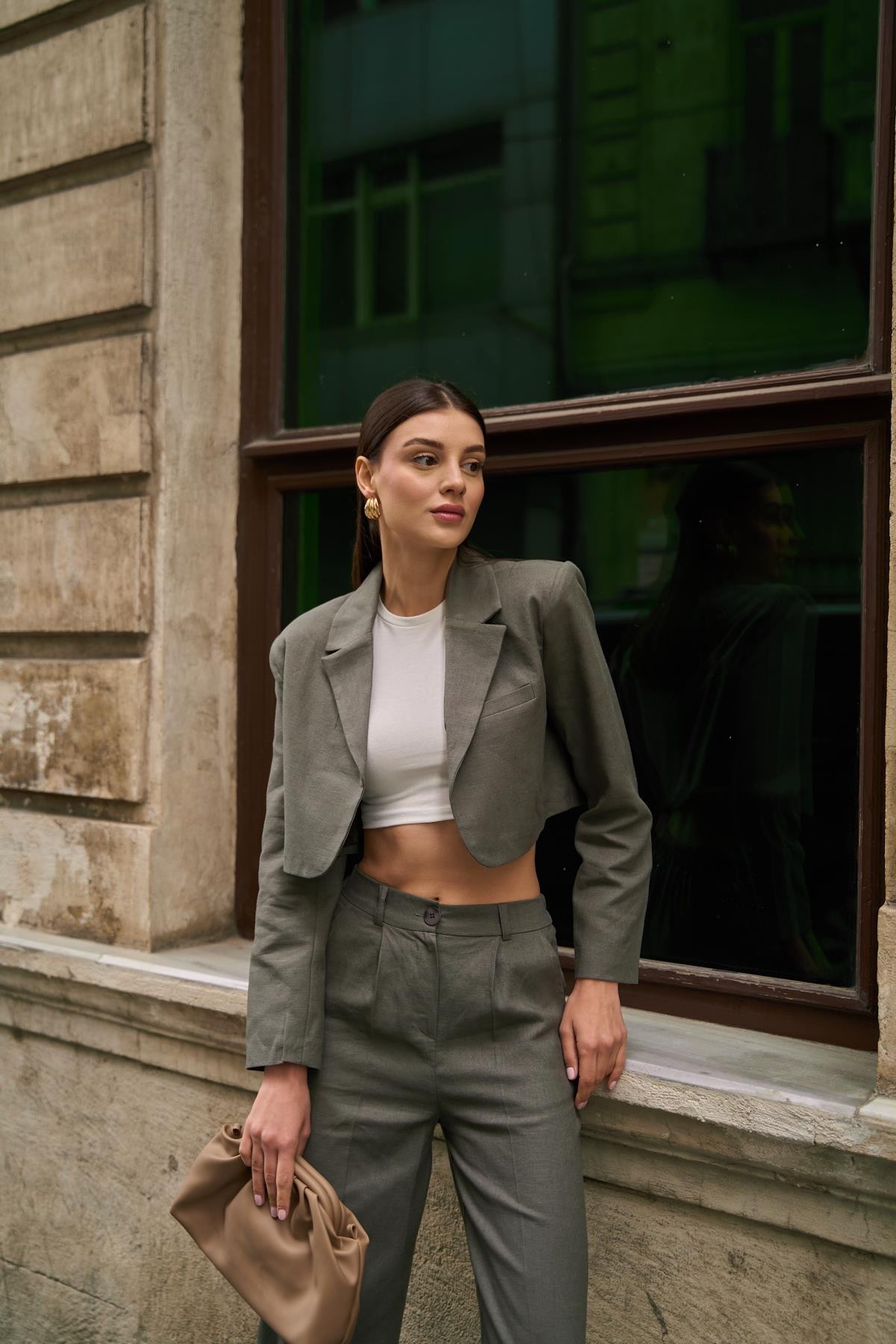 Kruvaze Yaka Keten Haki Kadın Crop Ceket