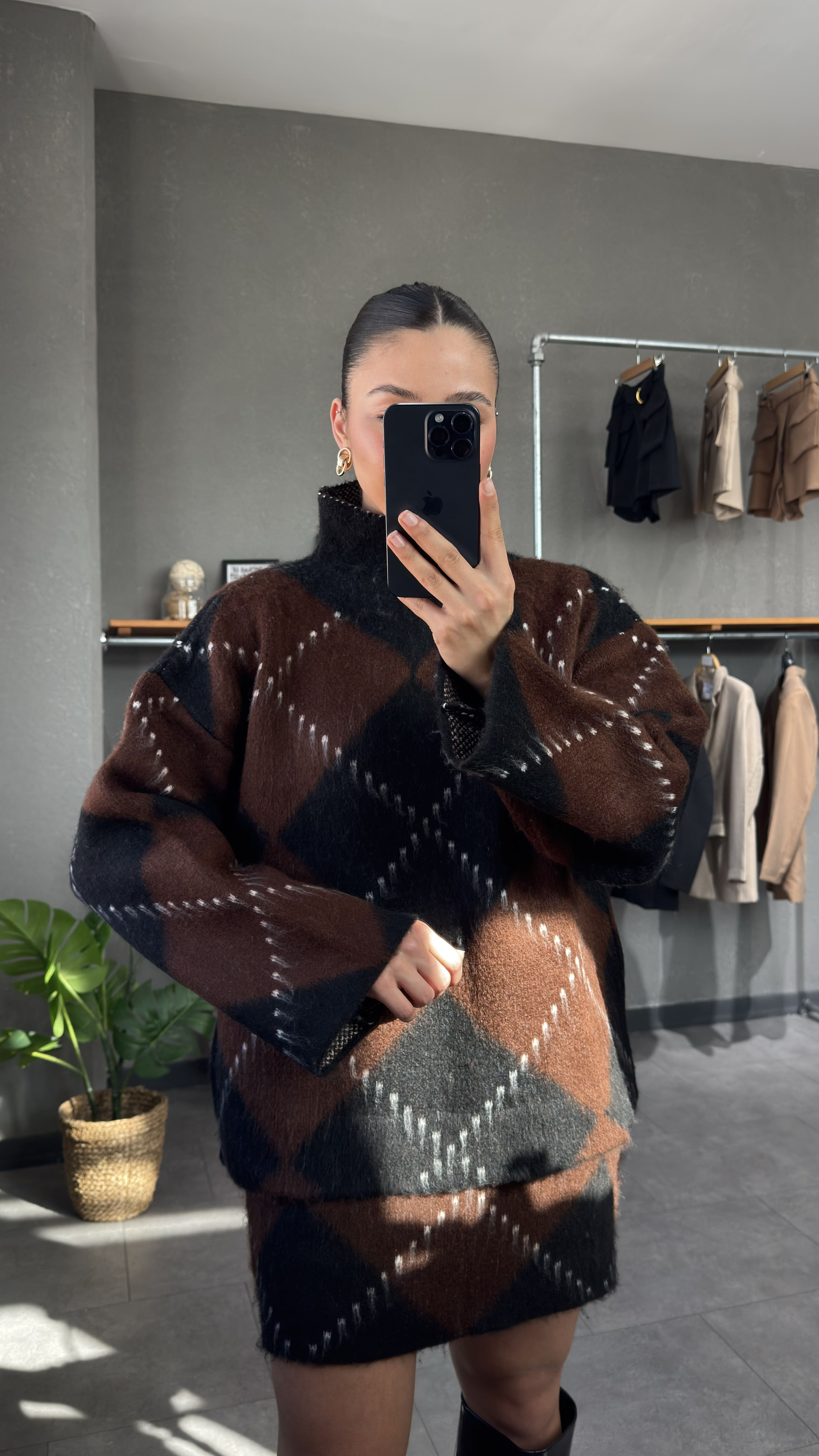 Baklava Desenli Oversize Kazak Etek Takım