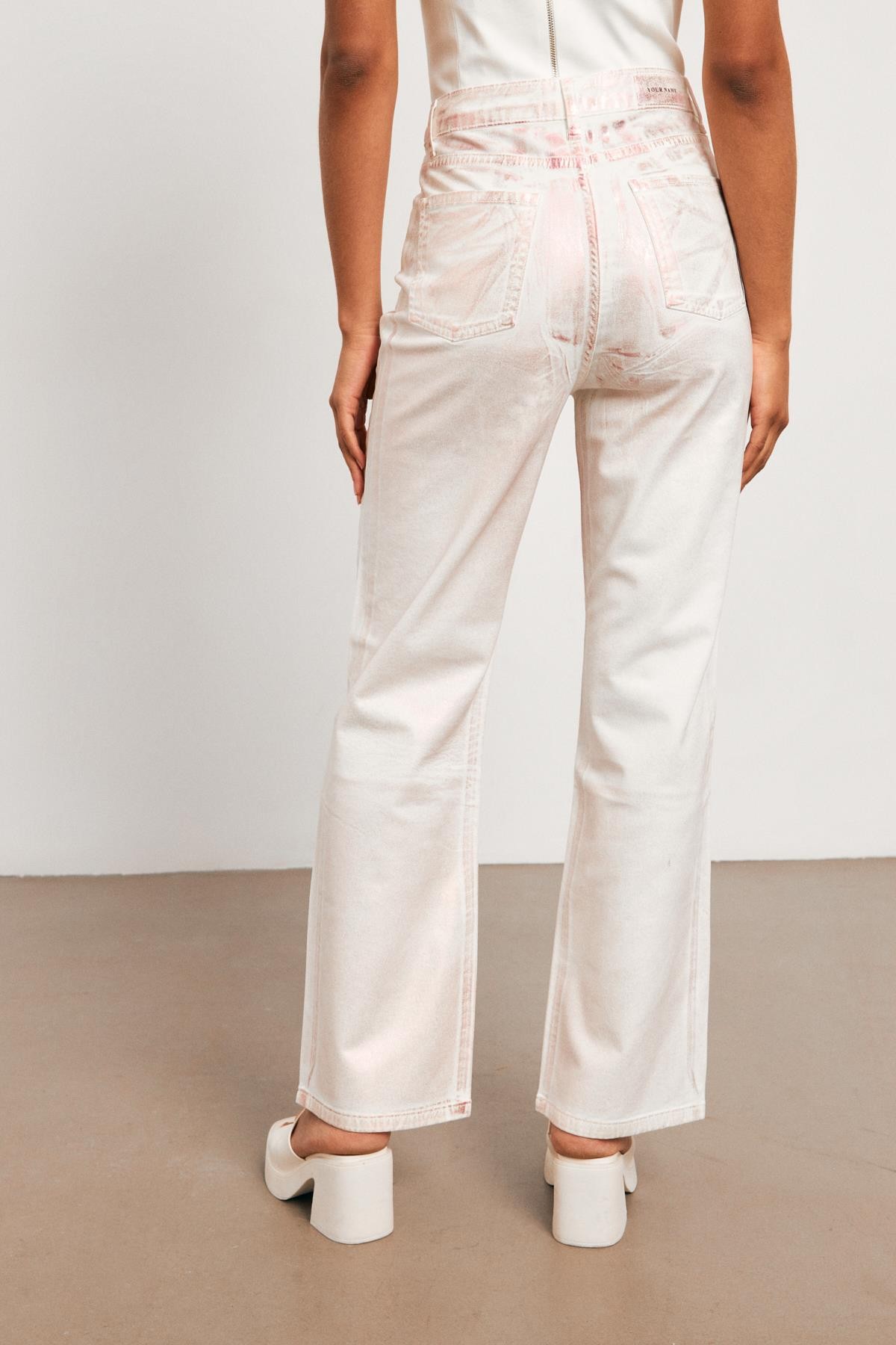 Yüksek Bel Pembe  Varaklı Kadın Wide Leg Jean