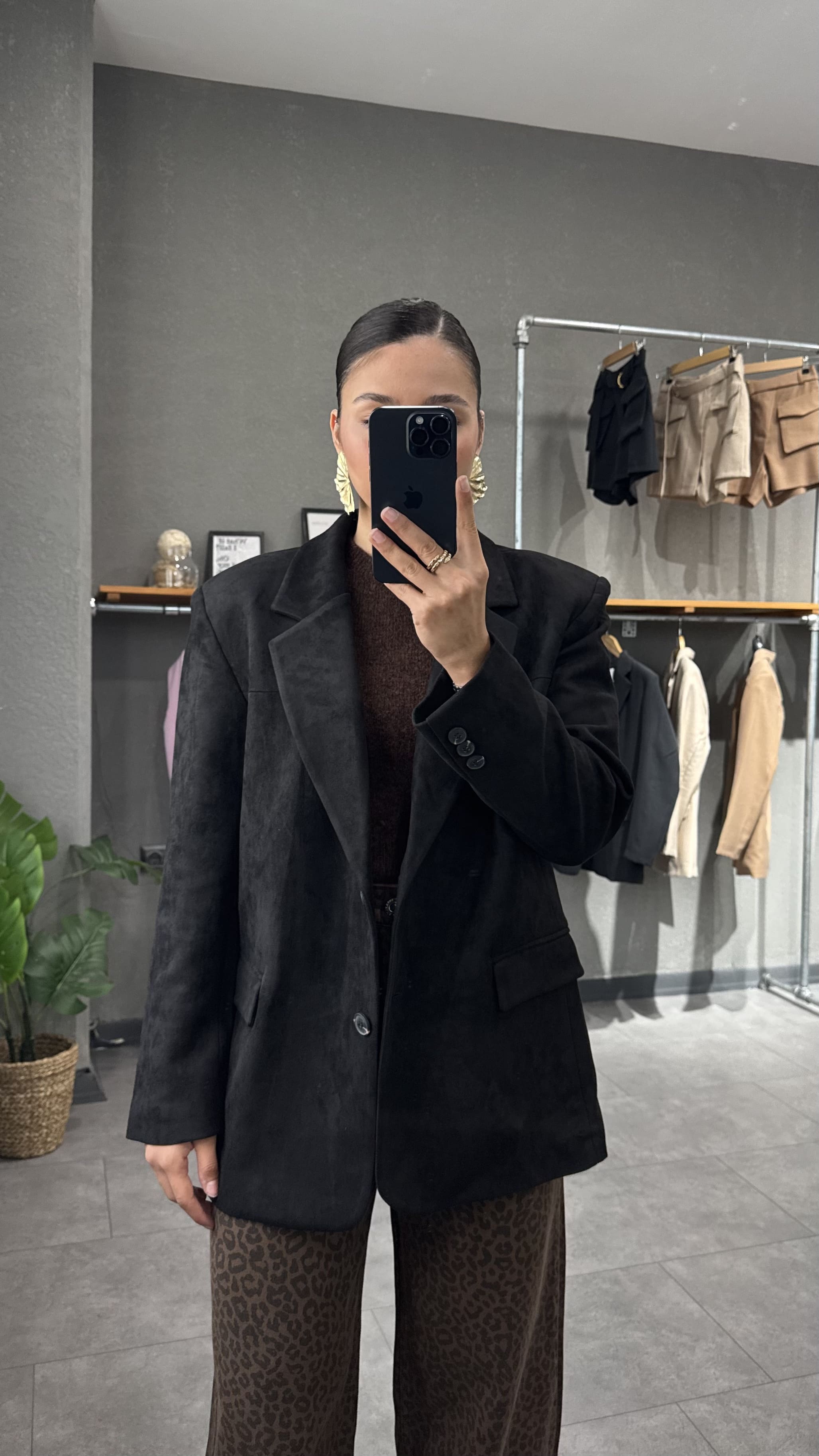 Vatkalı Oversize Süet Siyah Kadın Blazer Ceket