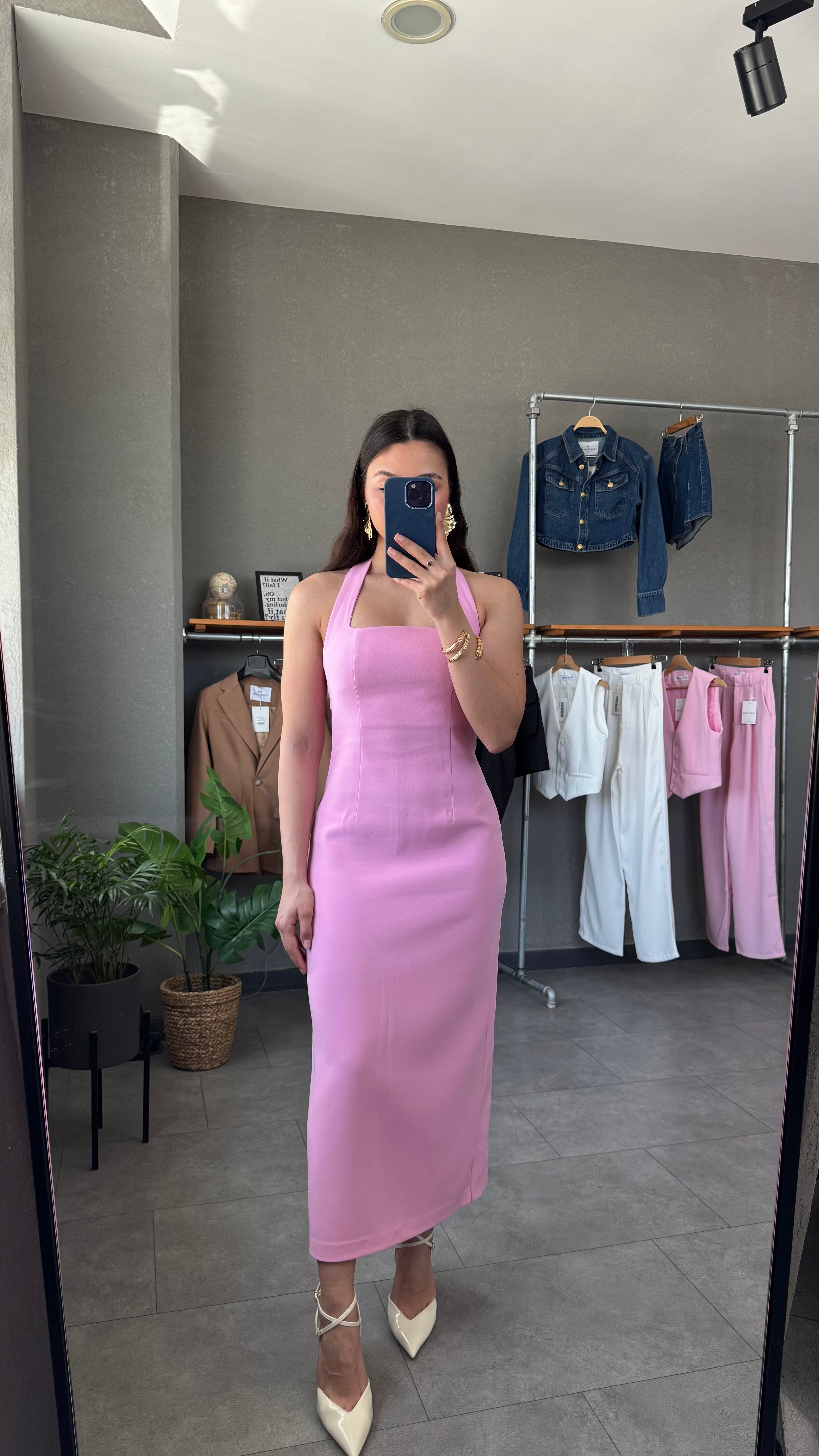 Boyundan Askılı Midi Elbise - Pembe