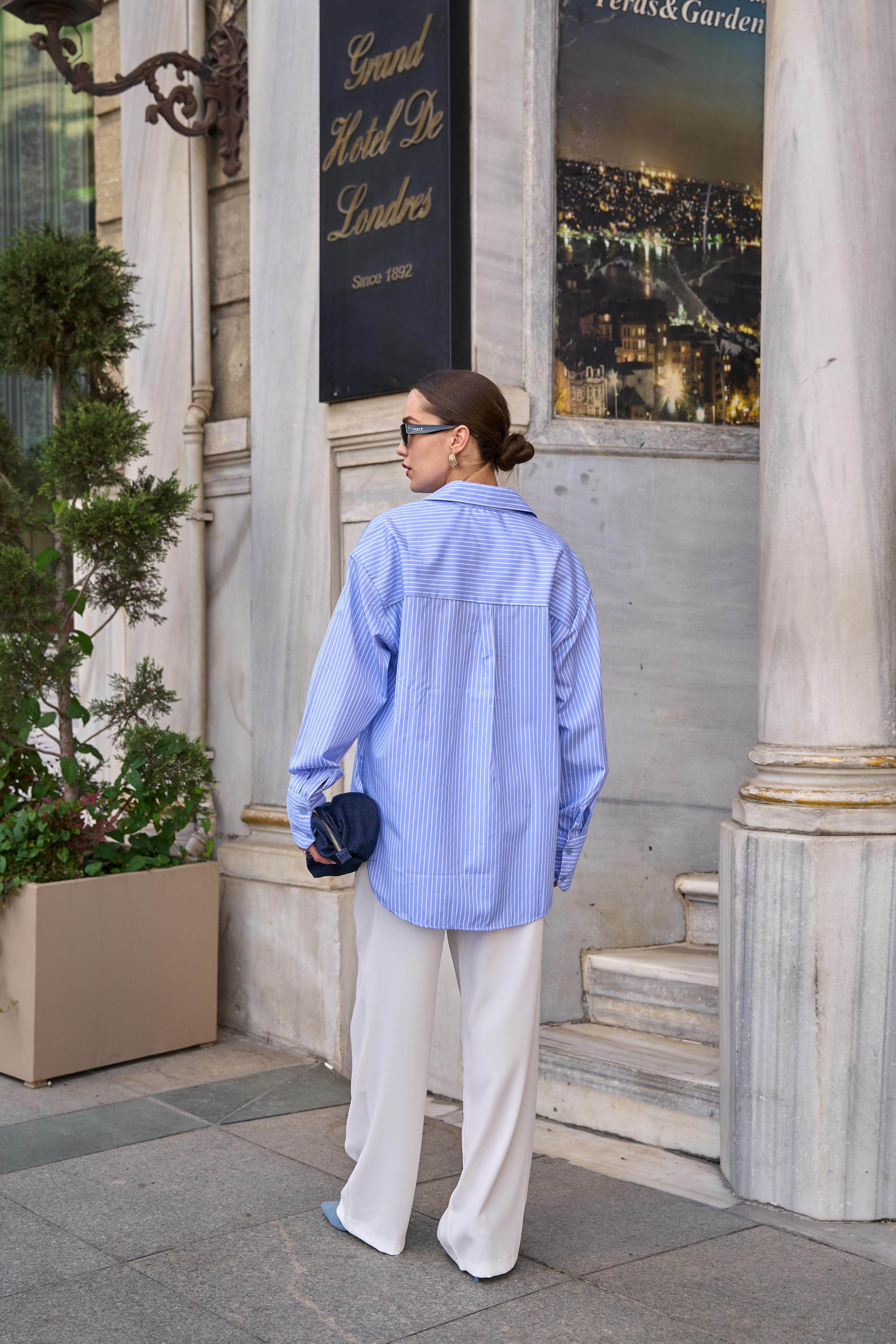 Poplin Oversize Çizgili Mavi Kadın Gömlek