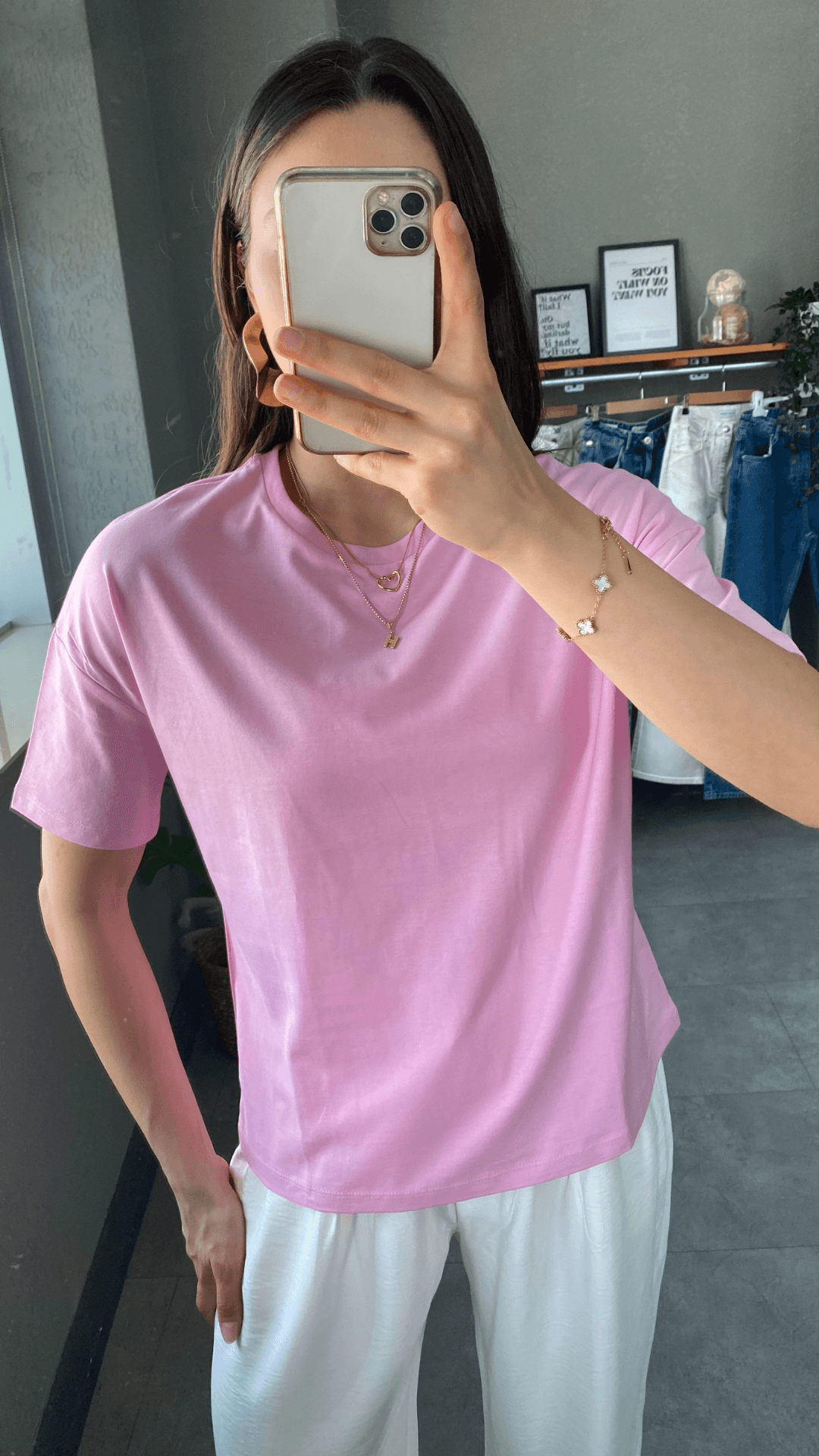 Oversize Bisiklet Yaka Pembe Kadın T-shirt