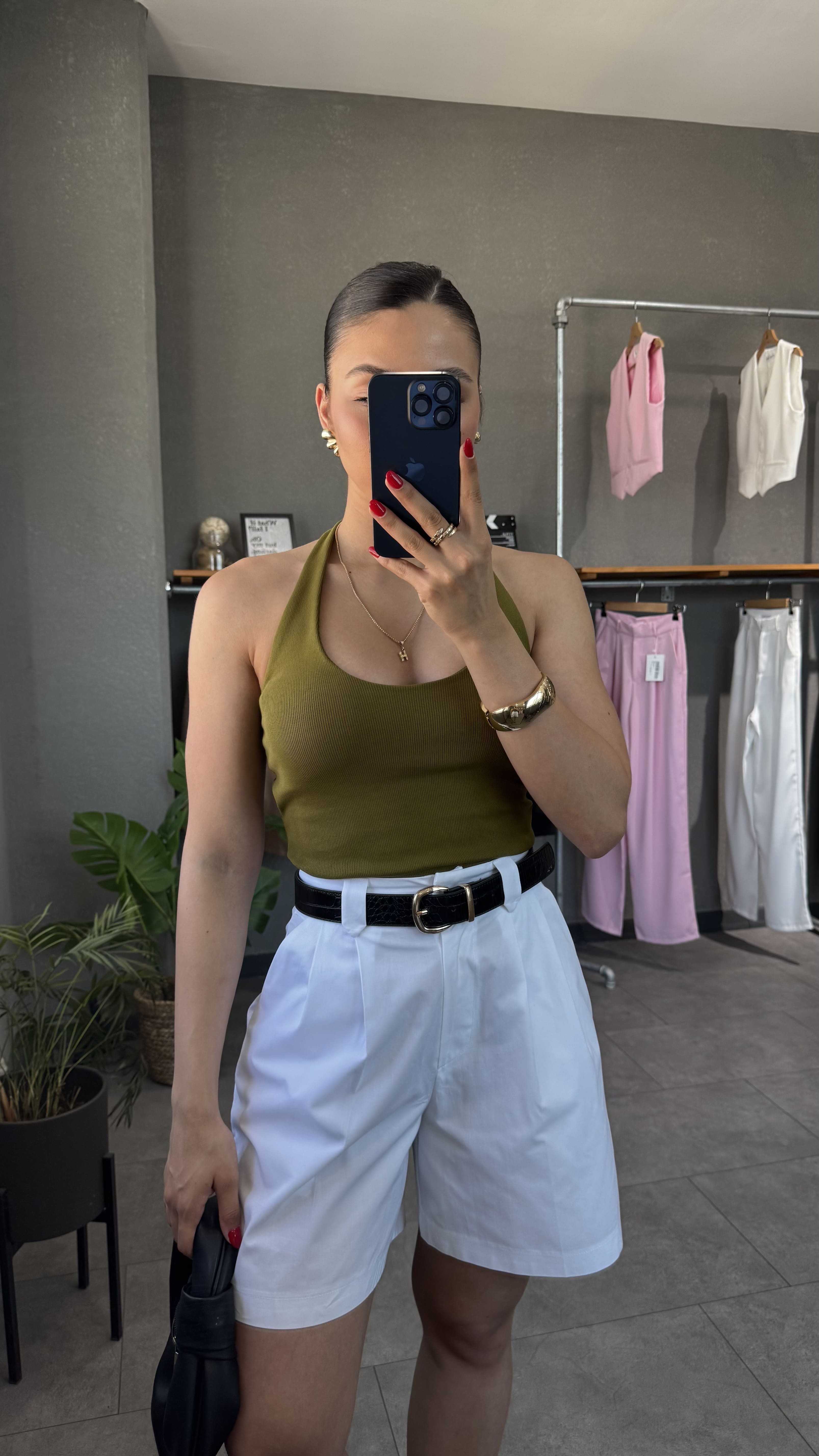 Halter Yaka Sırt Dekolteli Fitilli Bluz - Haki