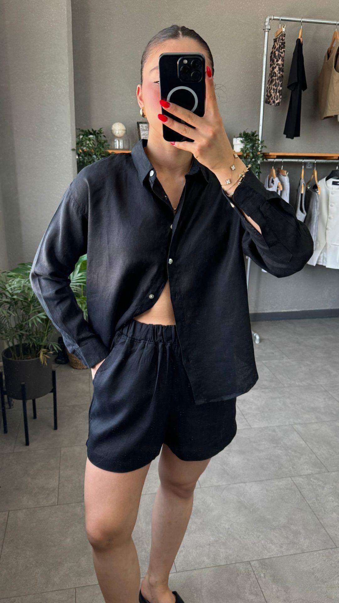 Oversize Keten Siyah Kadın Gömlek