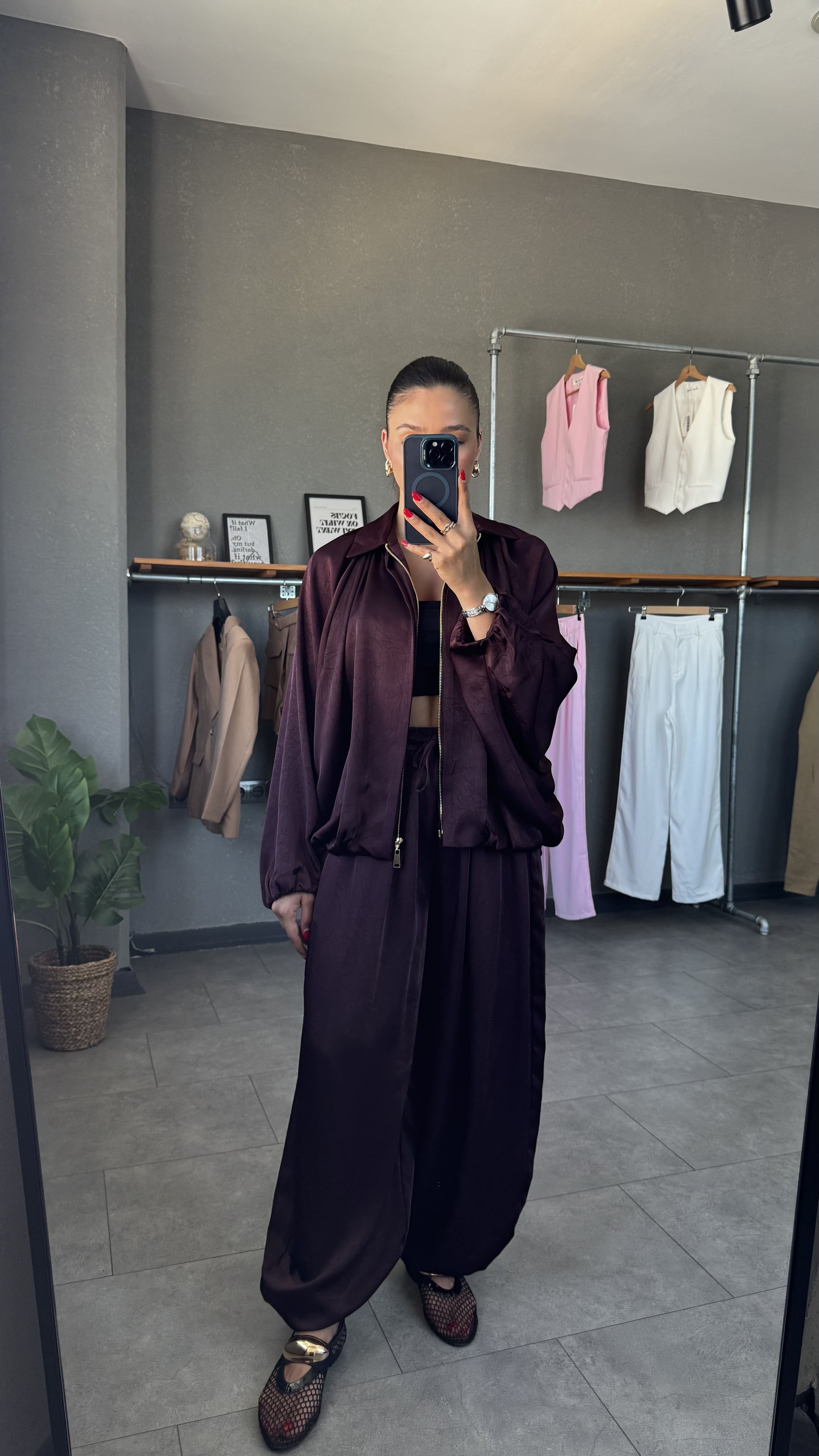 Beli Lastikli Saten Şalvar Pantolon - Bordo