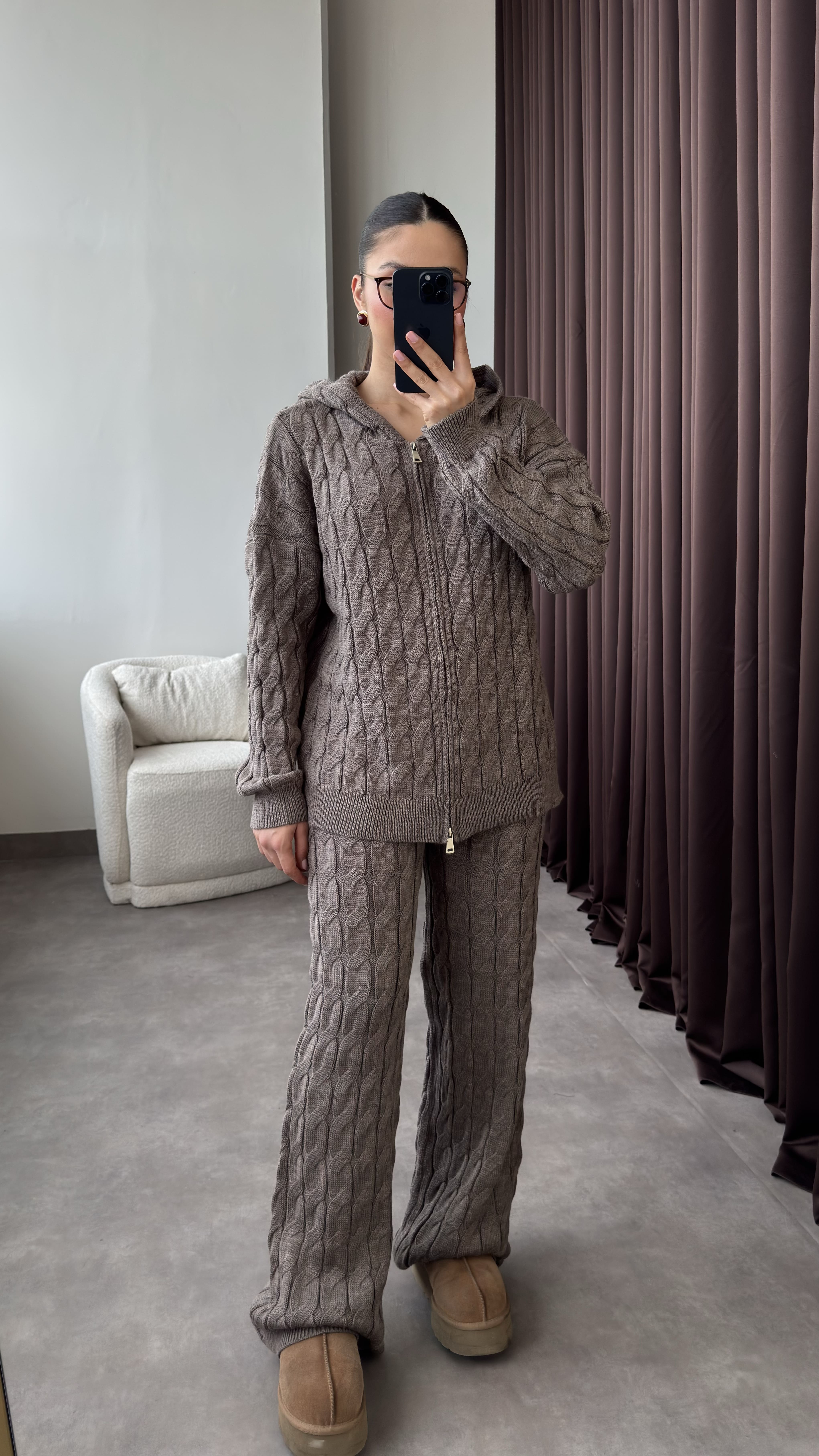 Çift Fermuarlı Kapüşonlu Saç Örgü Triko Takım - Vizon