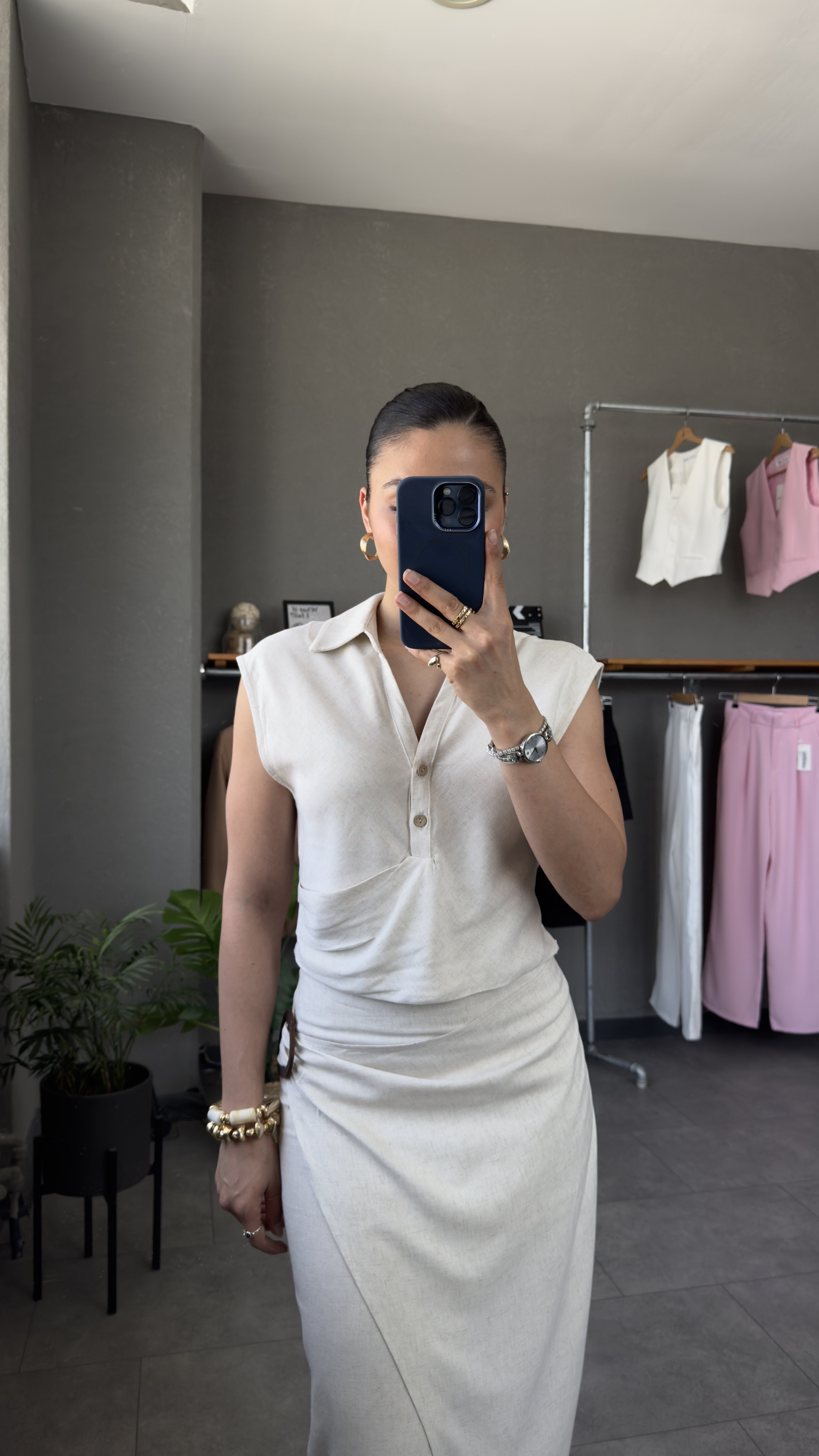 Tokalı Etek Crop Bluz Keten Takım