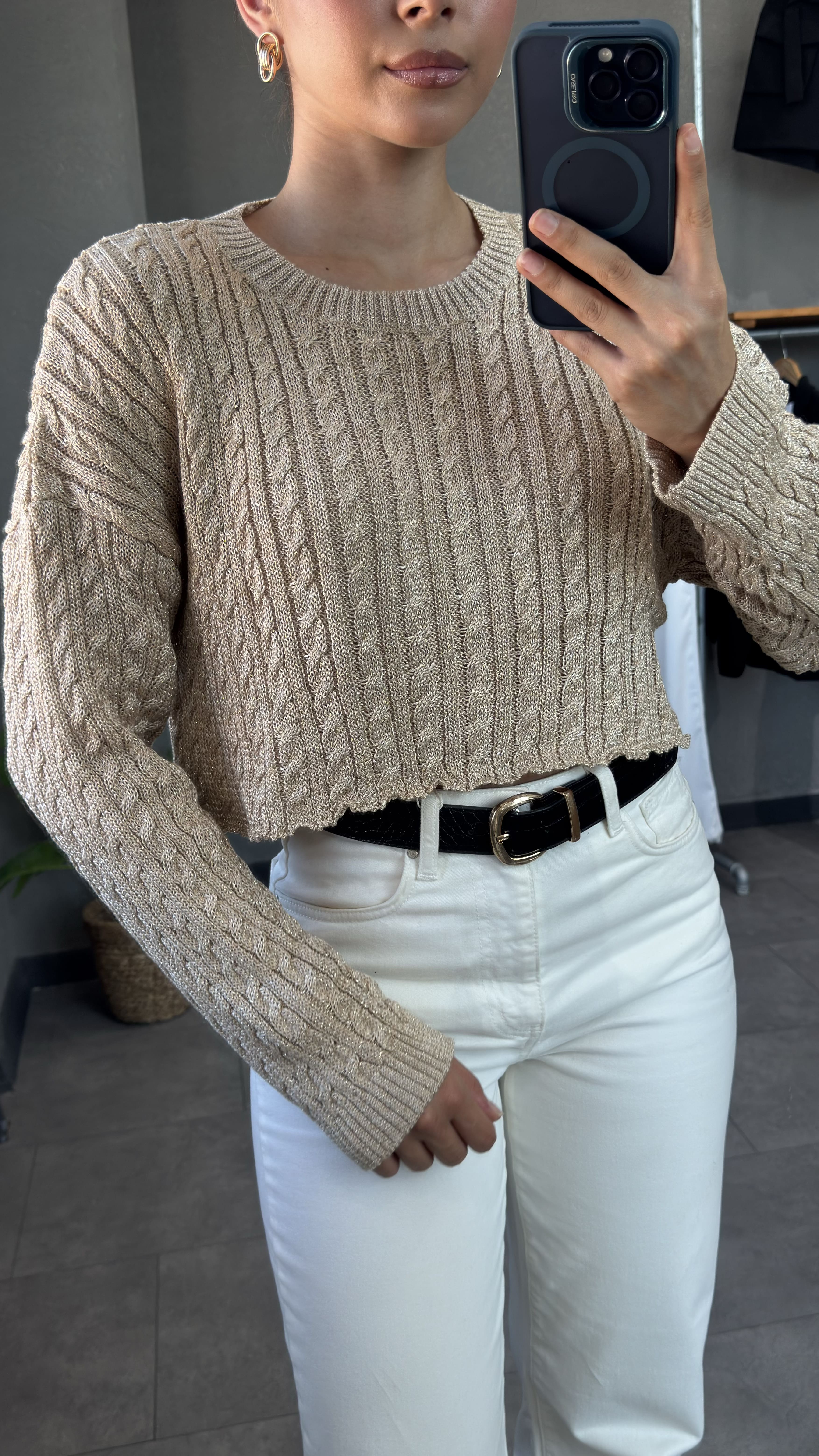 Bisiklet Yaka Saç Örgülü Simli Crop Bej Kadın Kazak