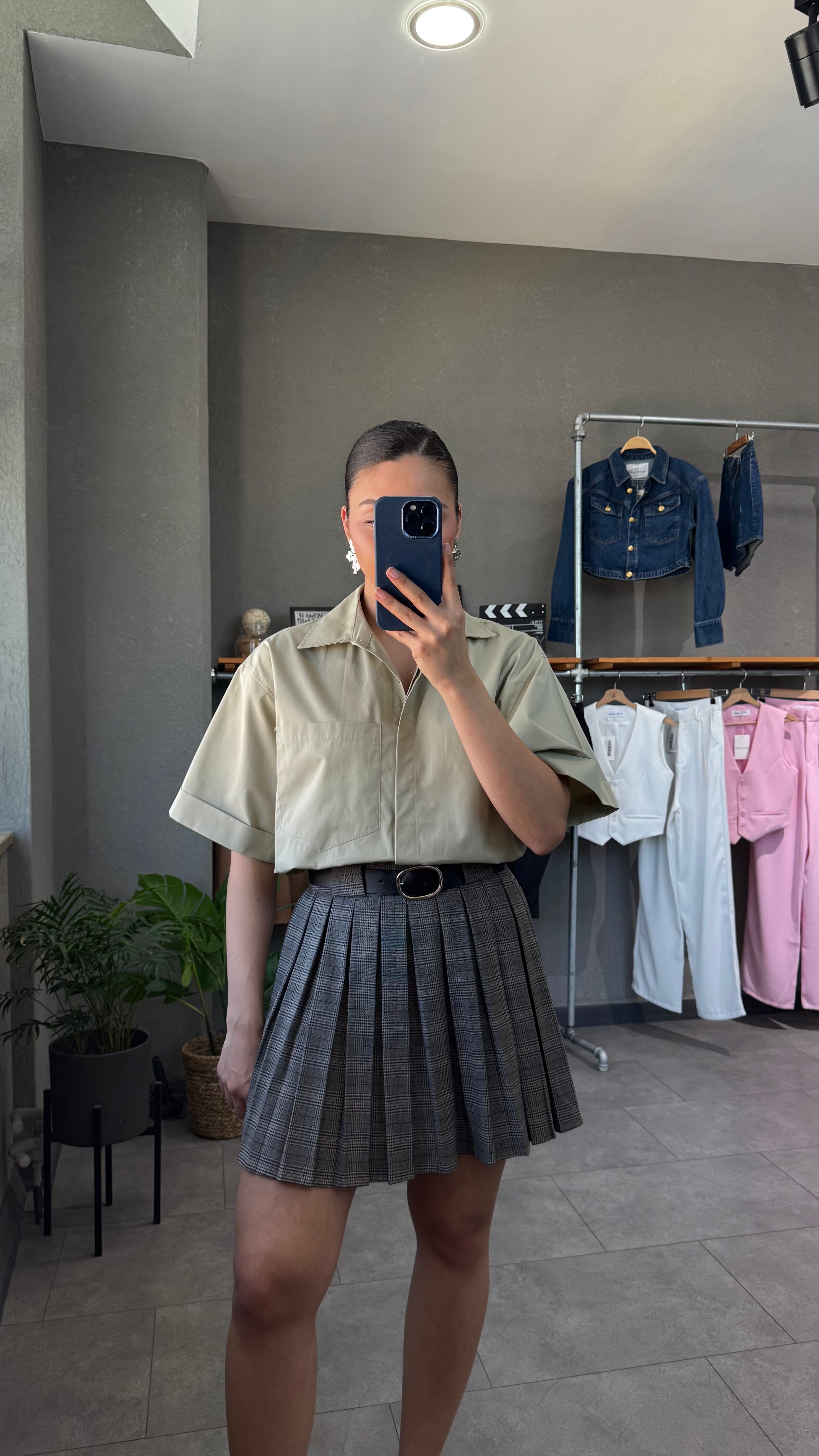 Oversize Cep Detaylı Poplin Kısa Kol Kadın Gömlek - Yeşil