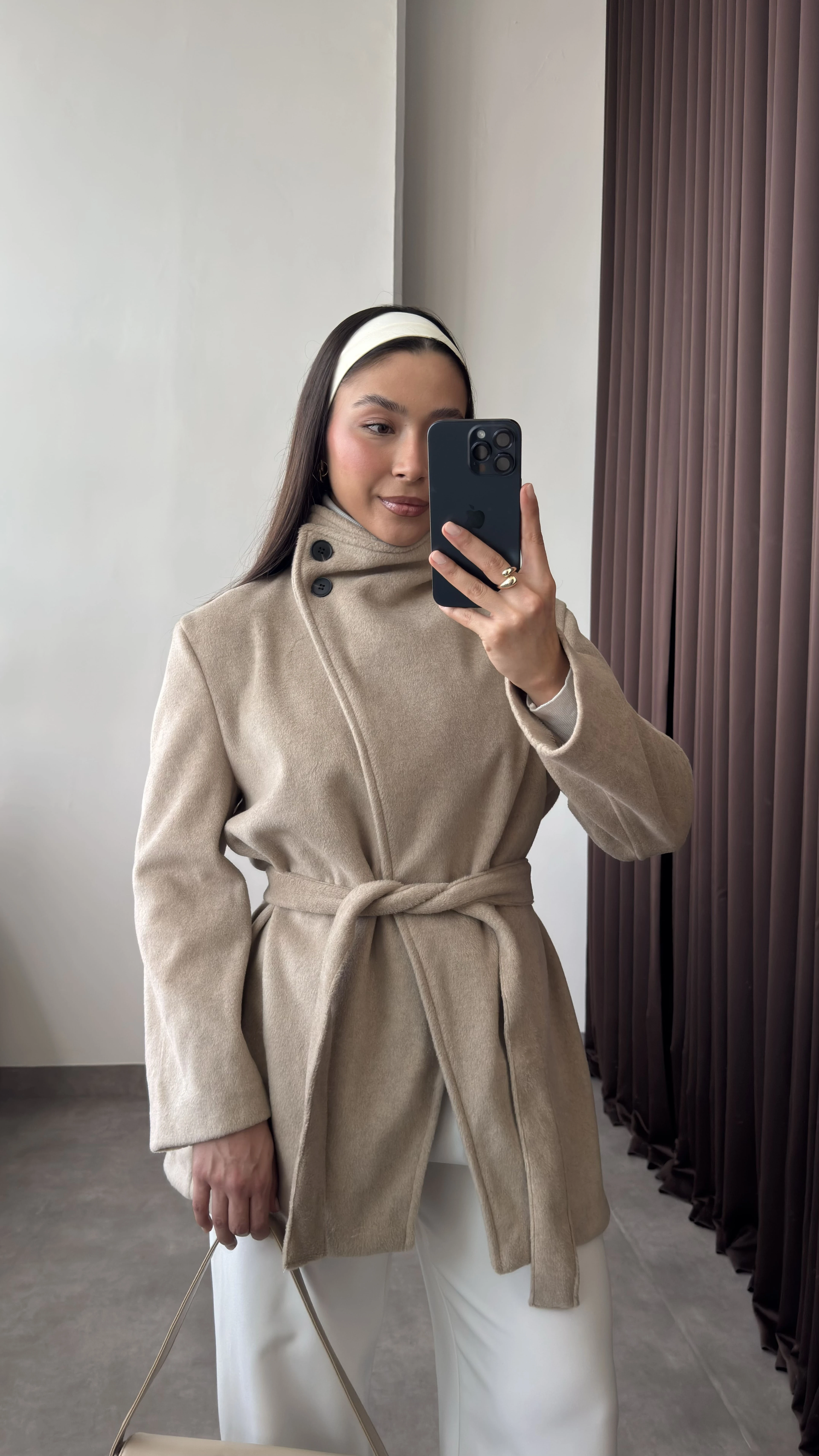 Dik Yaka Kuşaklı Kaşe Kaban - Bej