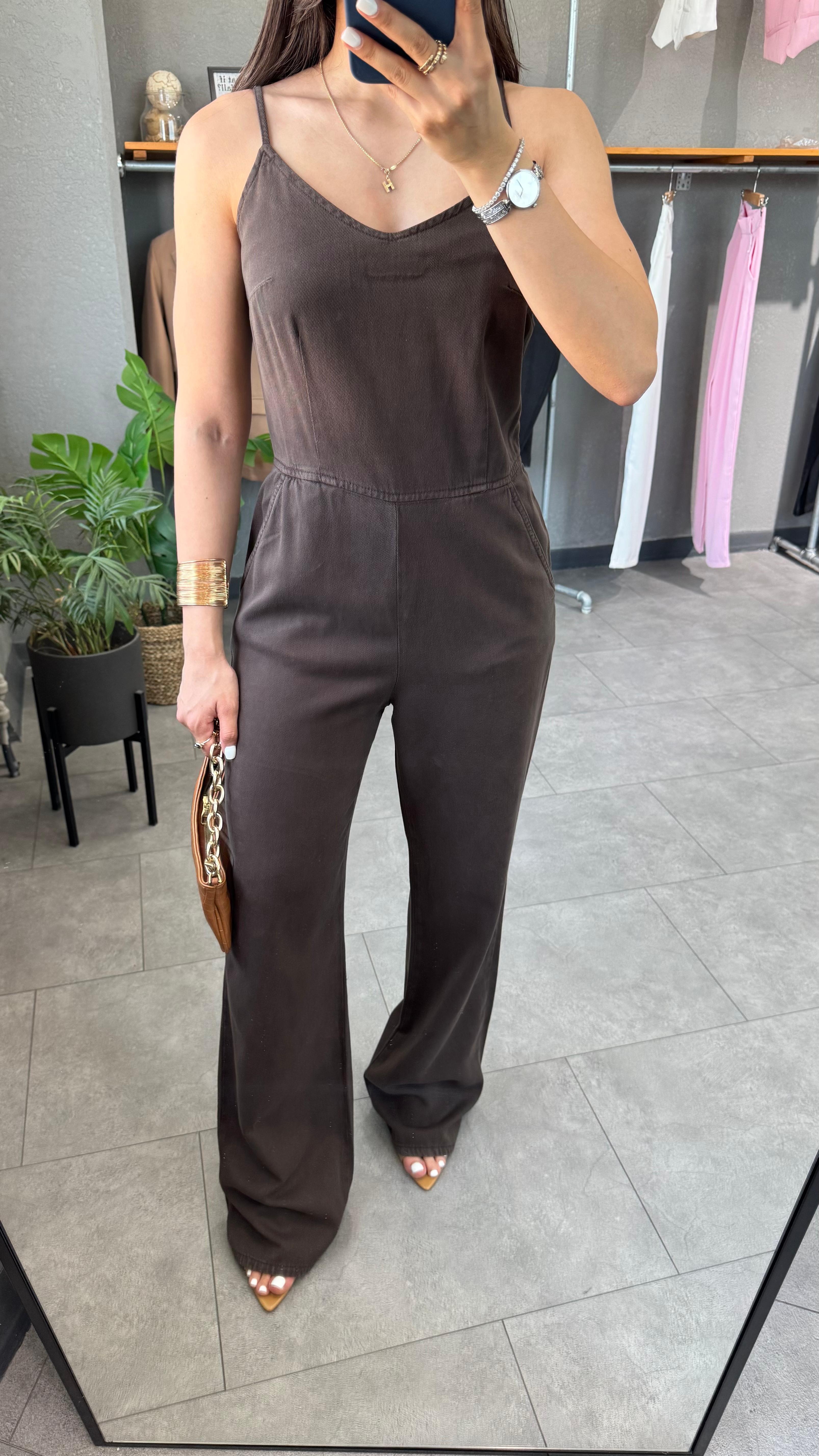İnce Askılı Tensel Denim Tulum