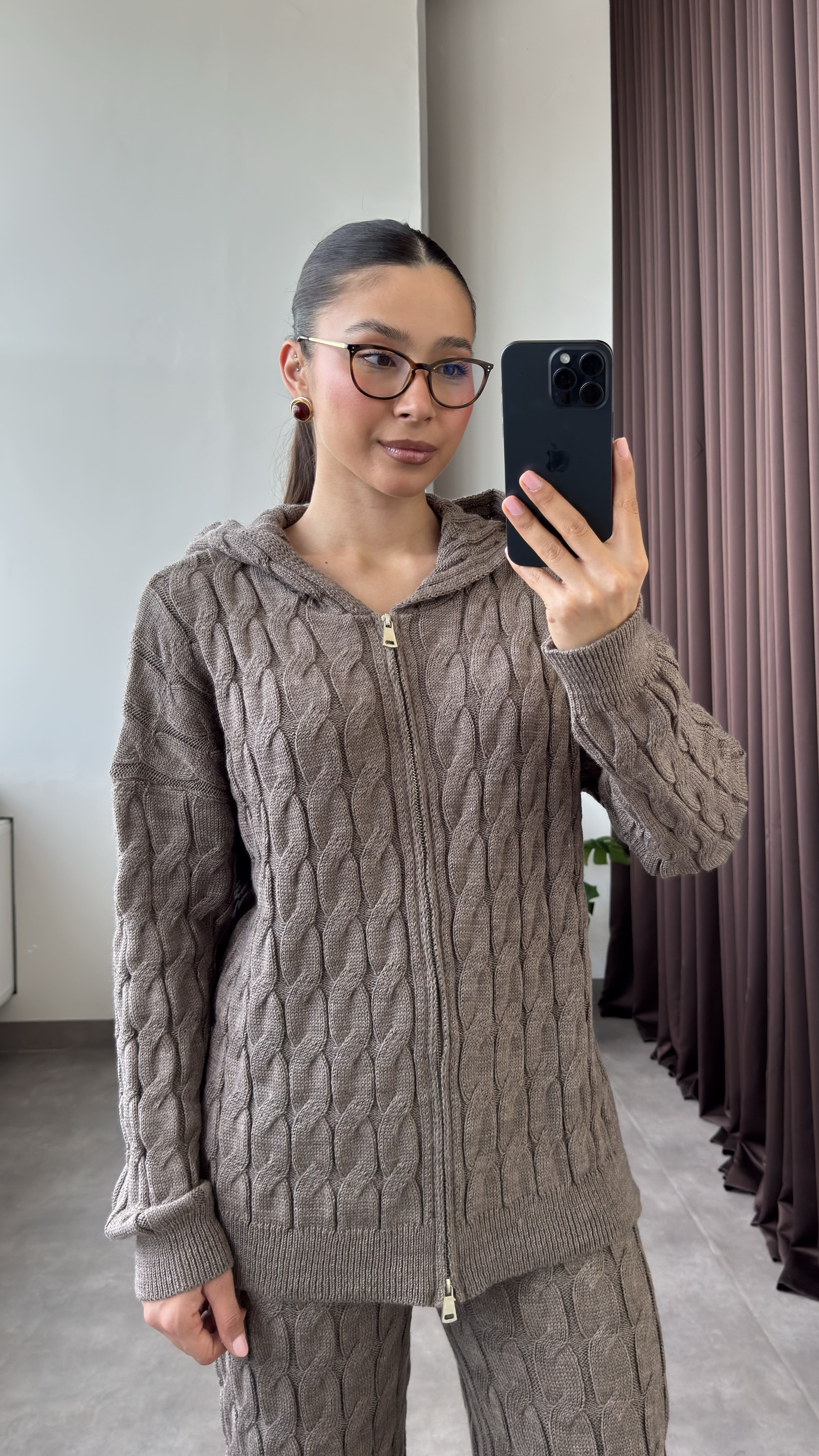 Çift Fermuarlı Kapüşonlu Saç Örgü Triko Takım