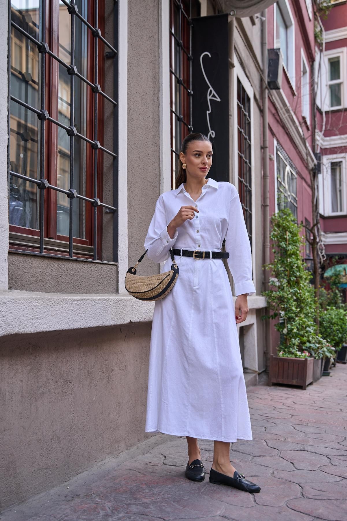 Keten Oversize Kadın Beyaz Gömlek