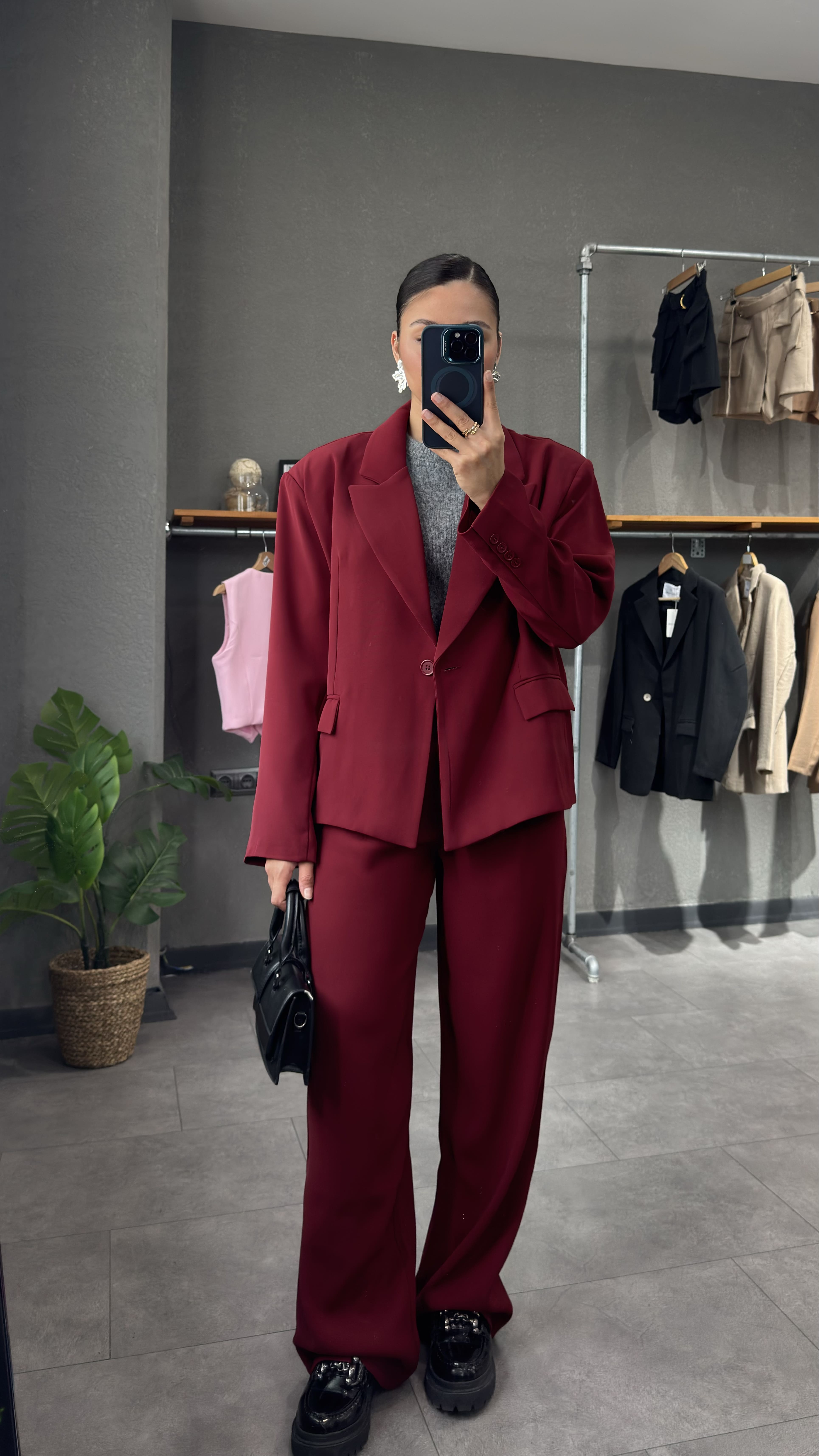 Oversize Vatkalı Bordo Kadın Blazer Ceket