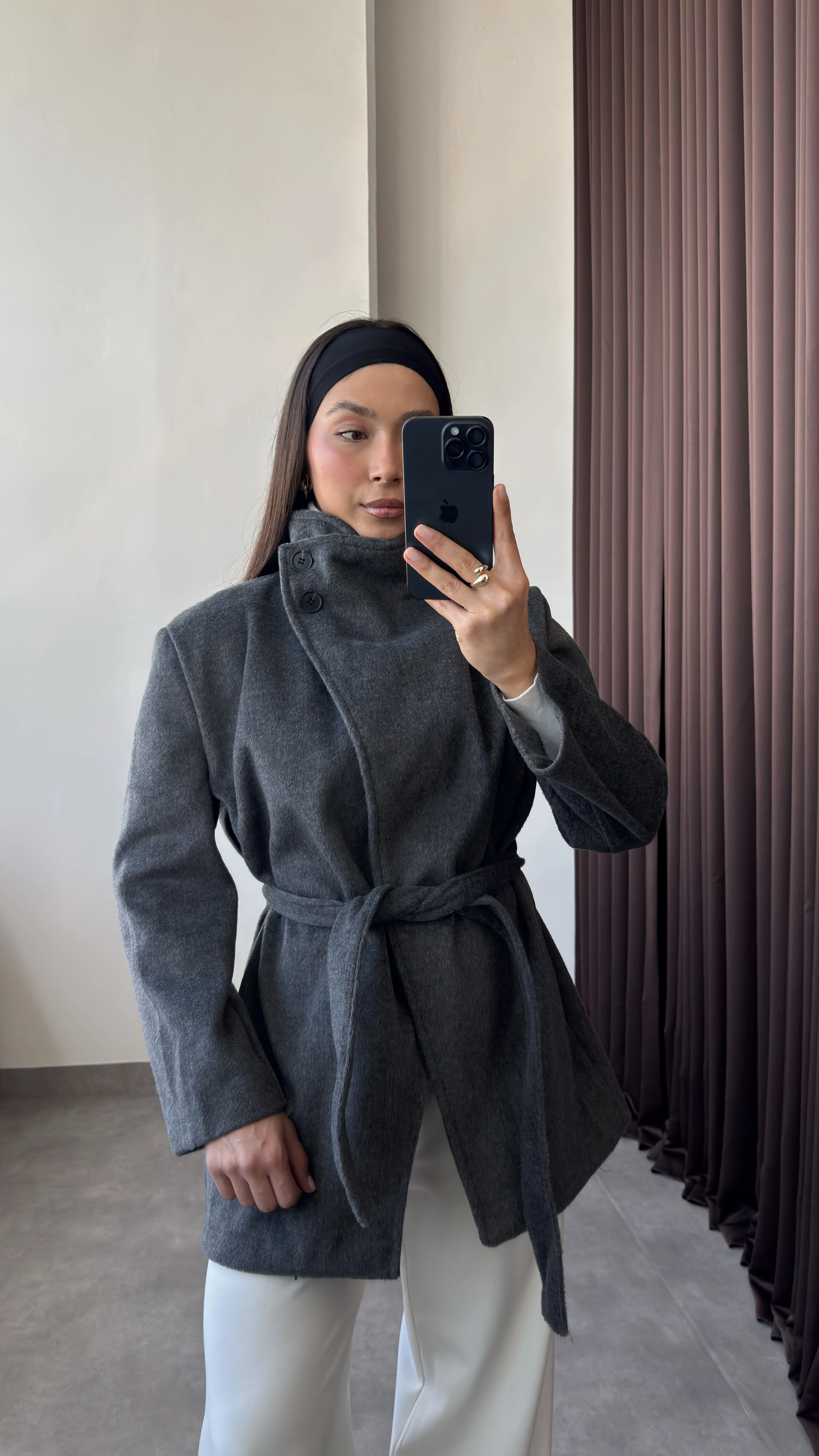 Dik Yaka Kuşaklı Kaşe Kaban - Gri