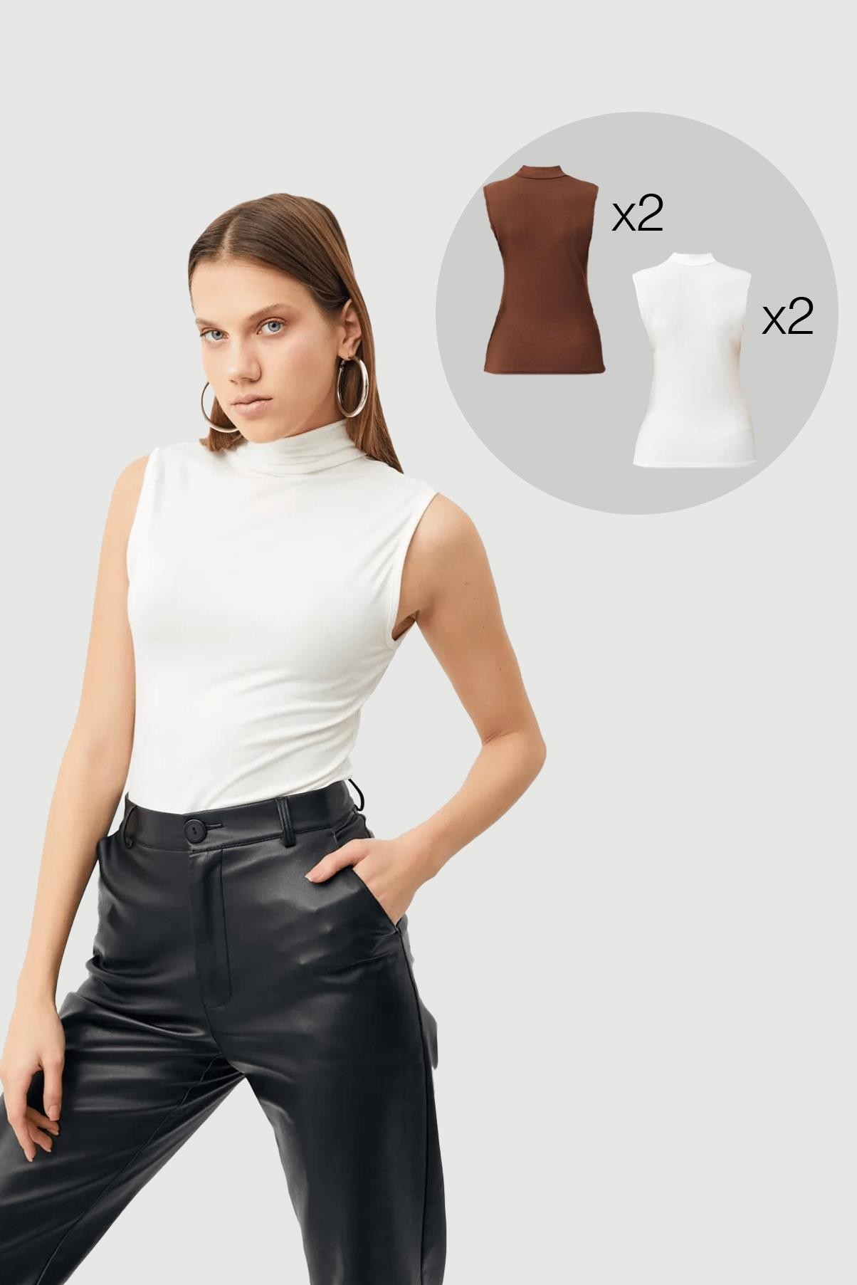 Kadın 2 Beyaz 2 Acı Kahve 4'lü Kolsuz Bluz
