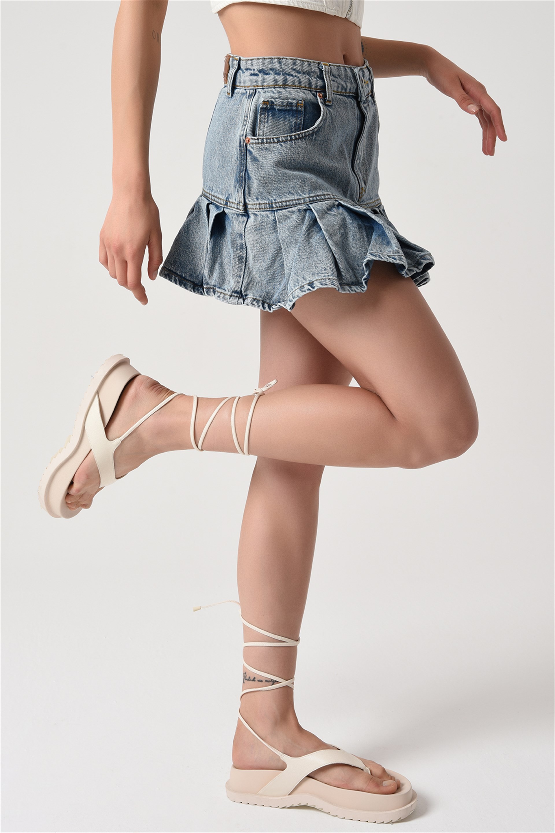 Pileli Mini Denim Etek Mavi