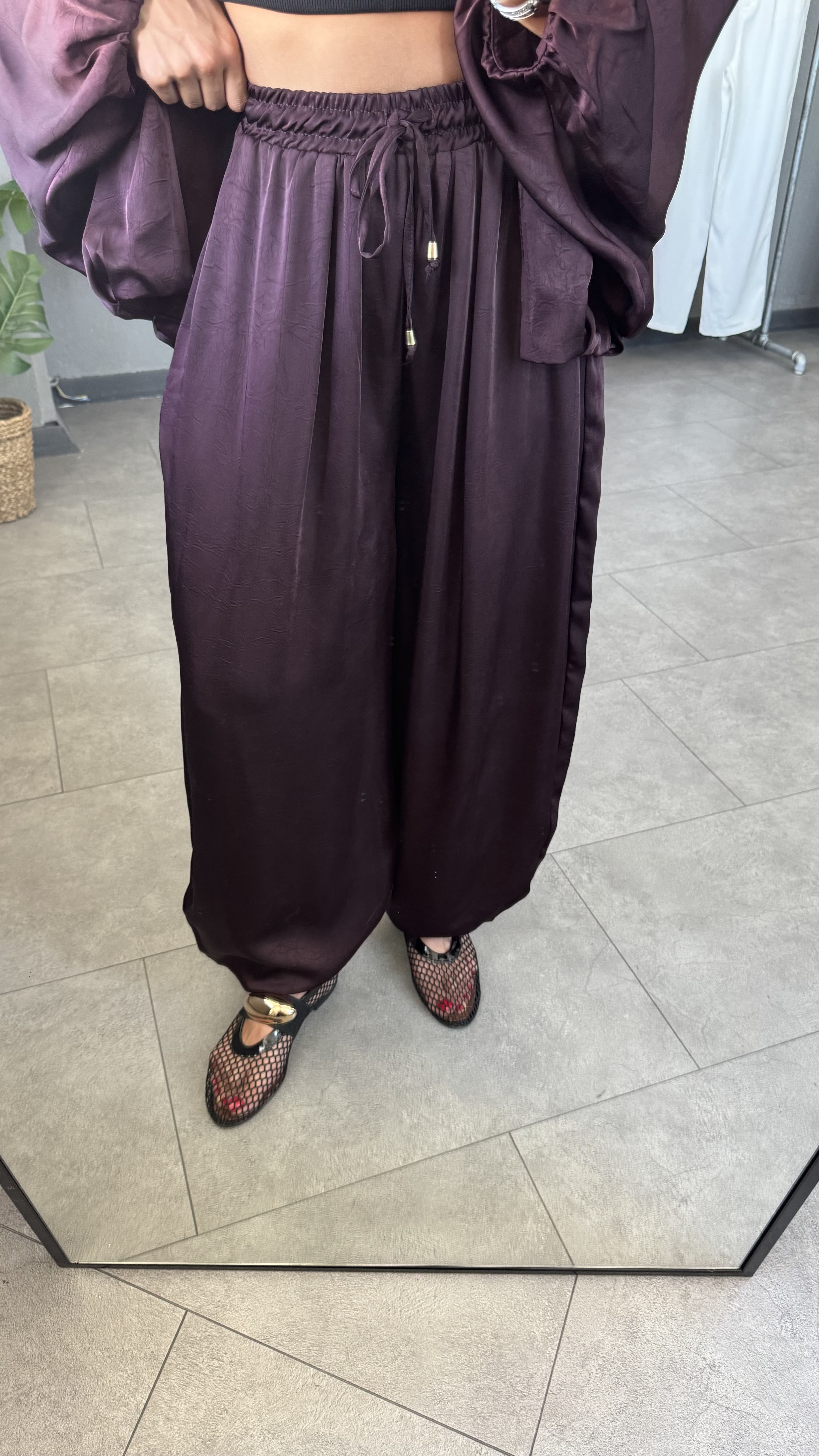Beli Lastikli Saten Şalvar Pantolon