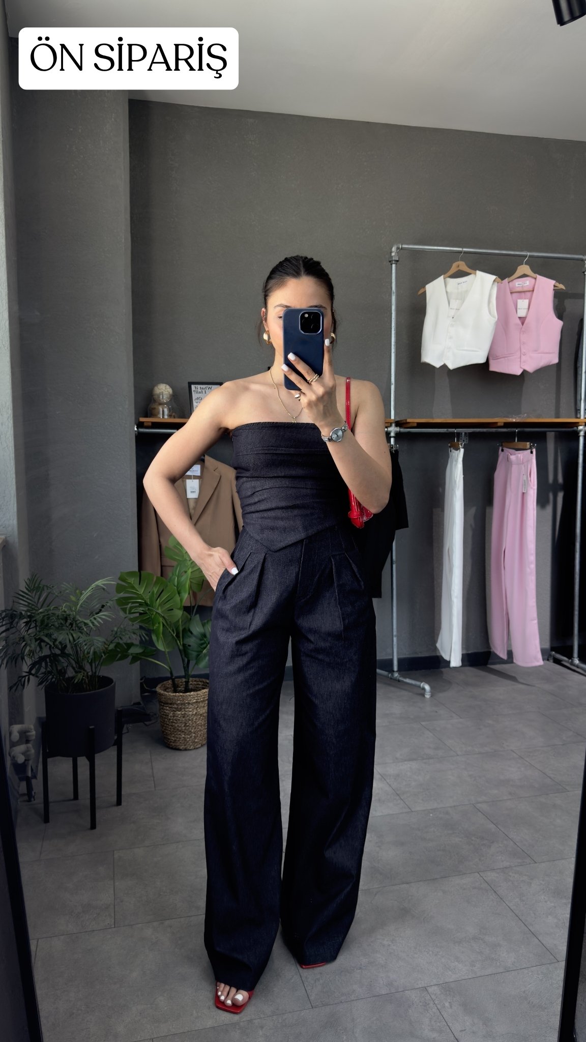Straplez Denim Görünümlü Büstiyer Lacivert Renk Pantolon Takım