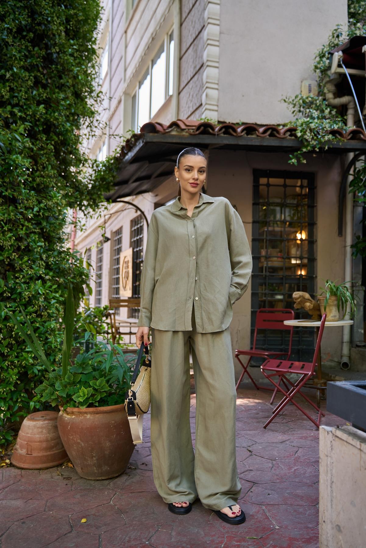Oversize Keten Haki Kadın Gömlek
