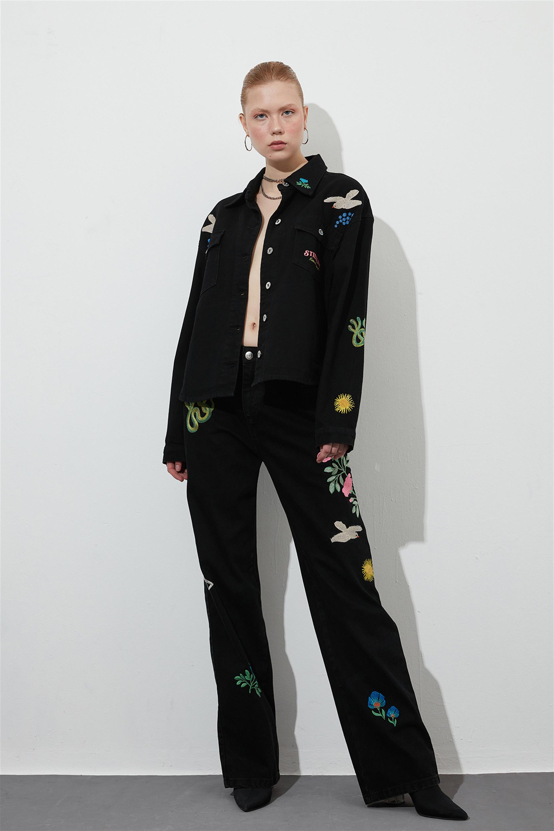 LIMITED EDITION Siyah Nakış Detaylı Wide Leg Rosa Jean