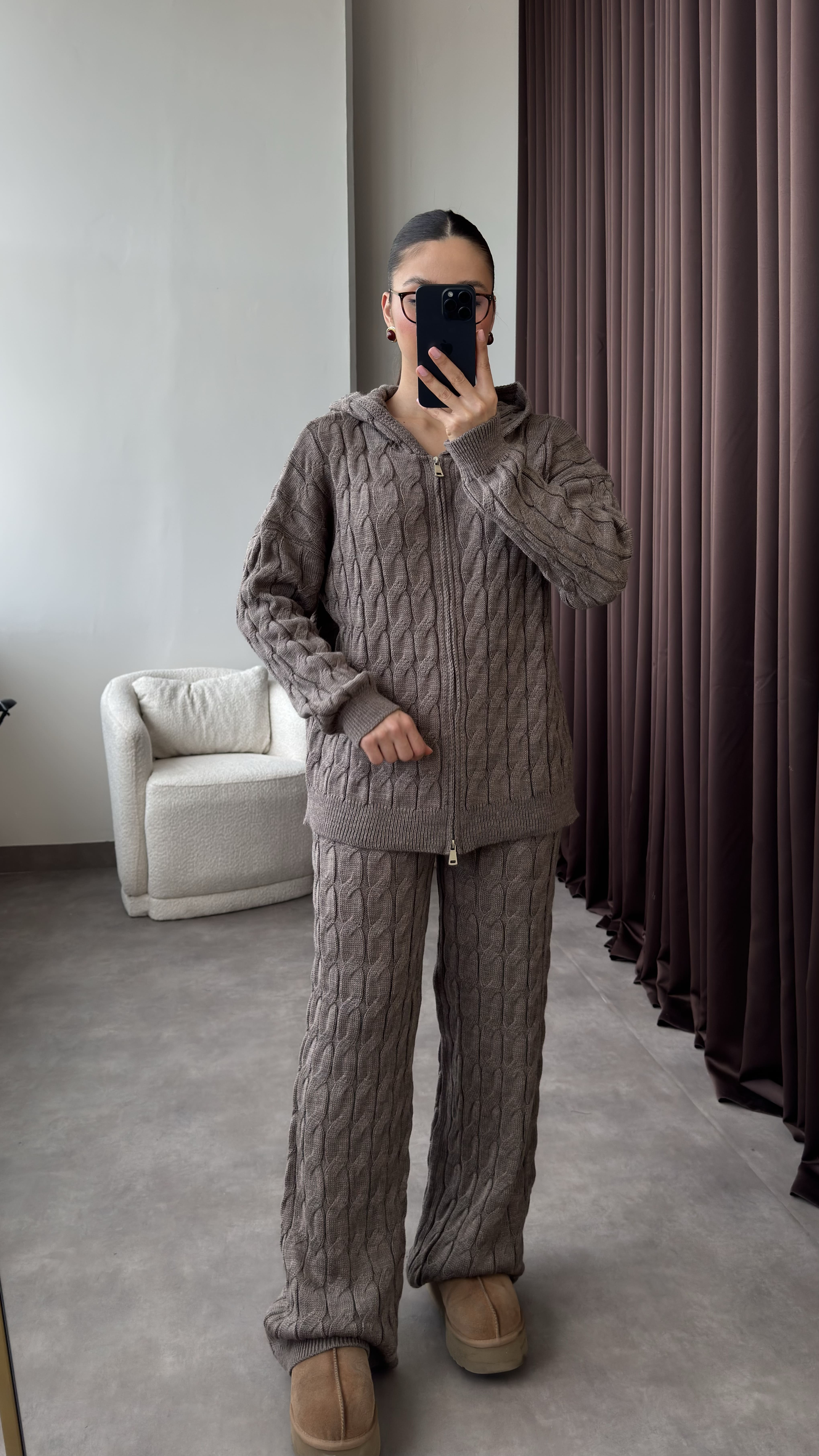 Çift Fermuarlı Kapüşonlu Saç Örgü Triko Takım