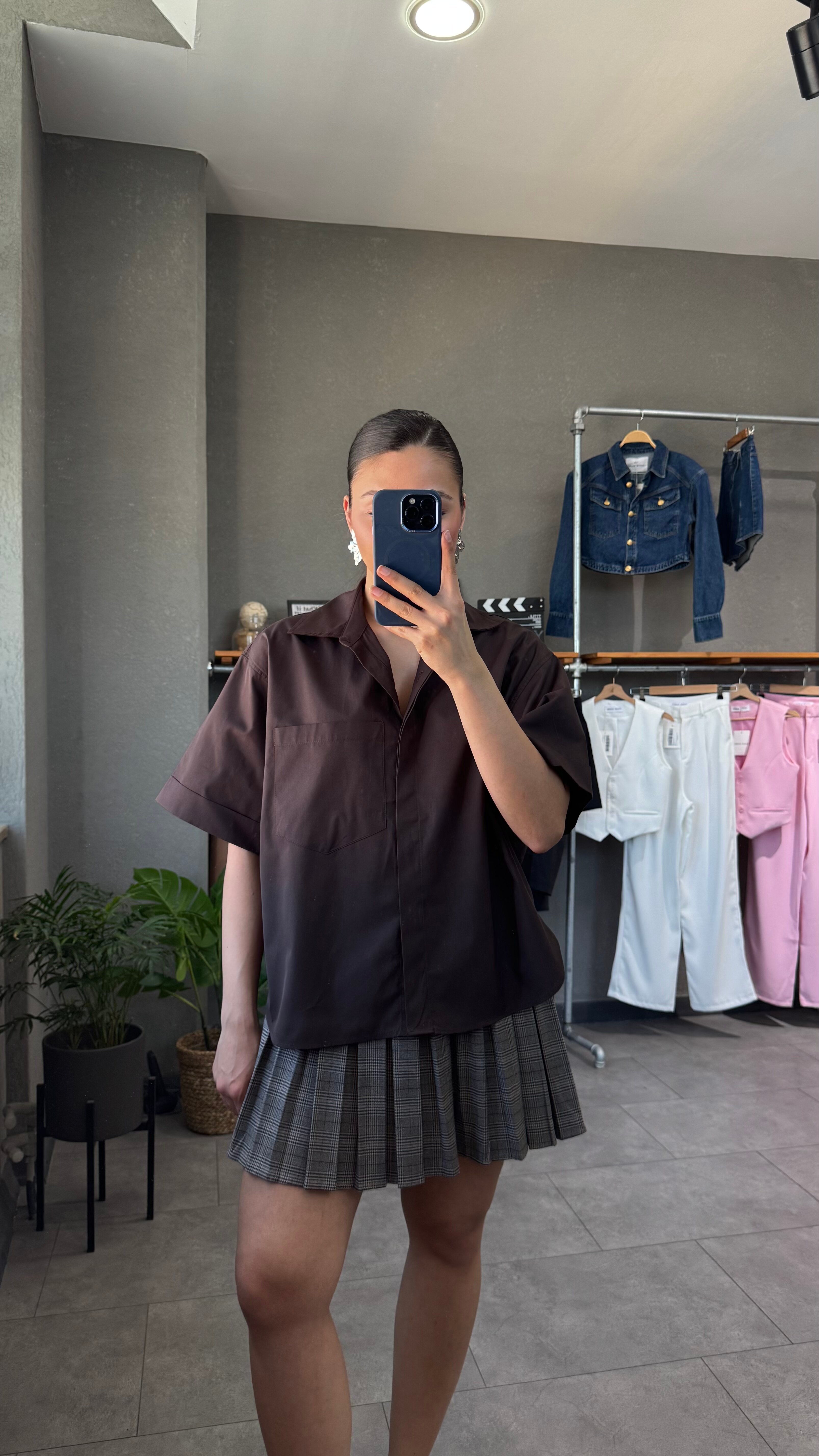 Oversize Cep Detaylı Poplin Kısa Kol Kadın Gömlek
