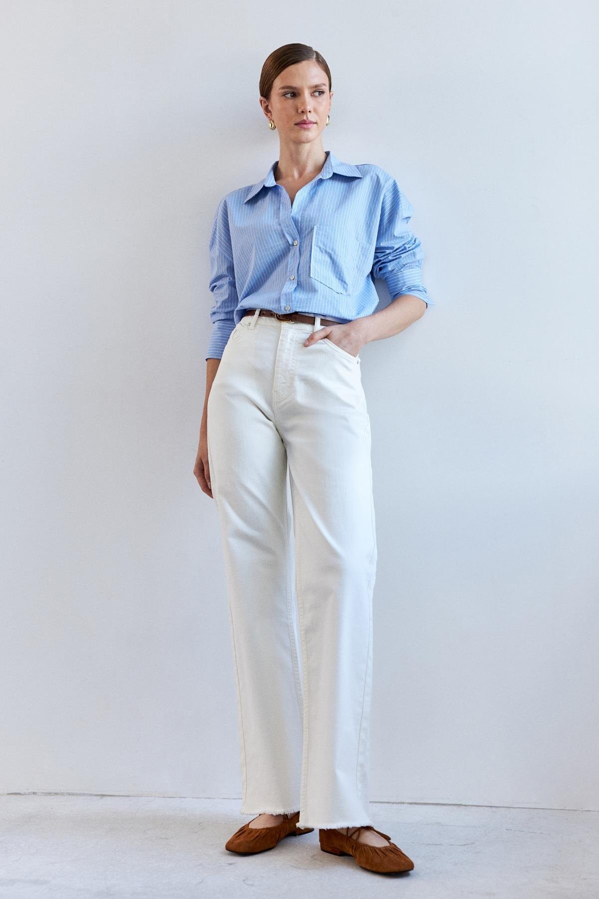Yüksek Bel Wide Leg Ekru Kadın Jean