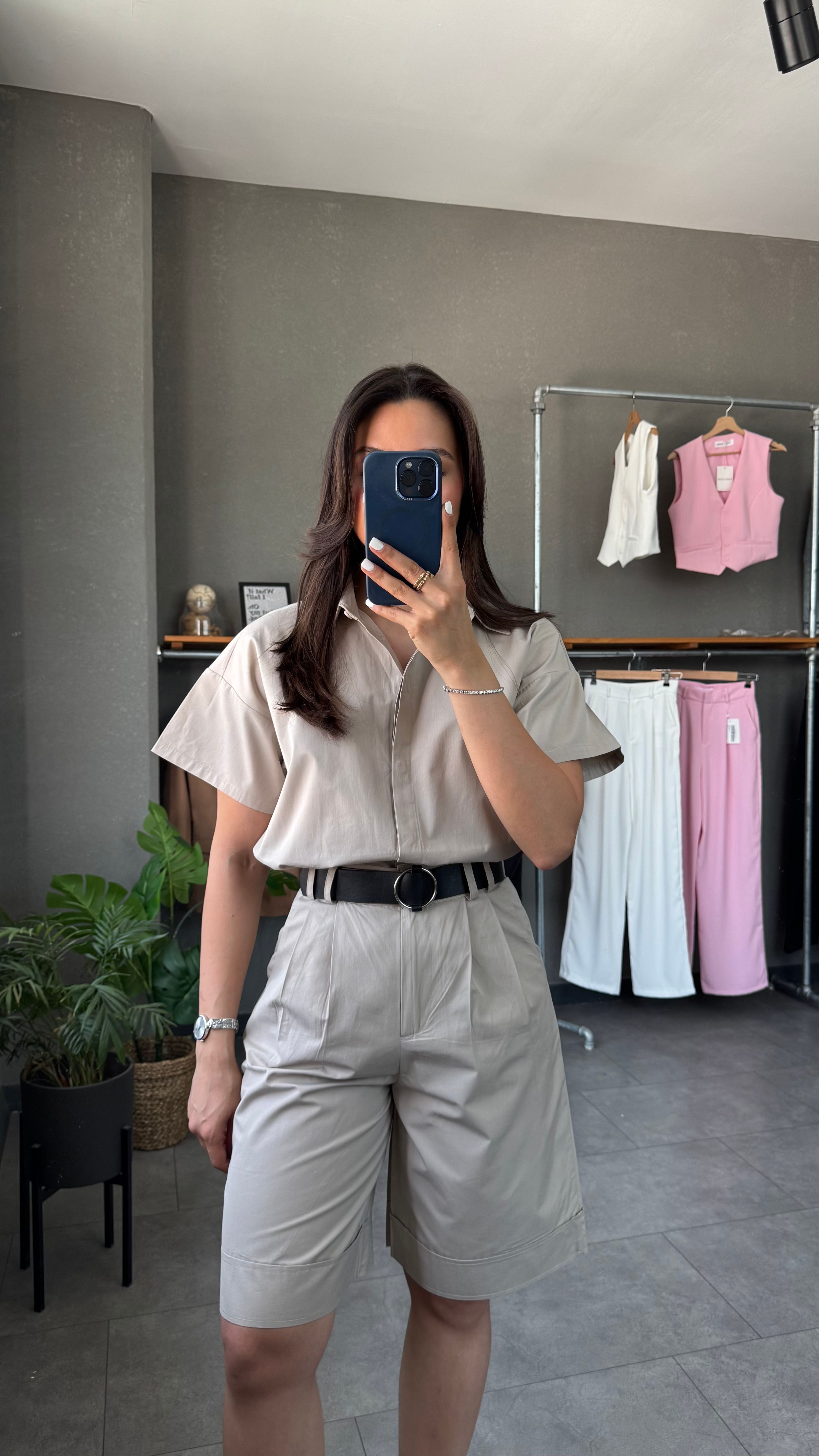 Gabardin Gömlek Kemerli Bermuda Şort Takım